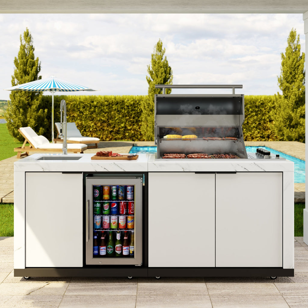 83 in. Outdoor Kitchen Suite with White Stone Counters and Sides, 4-Burner Grill, Stainless Steel Sink and Faucet