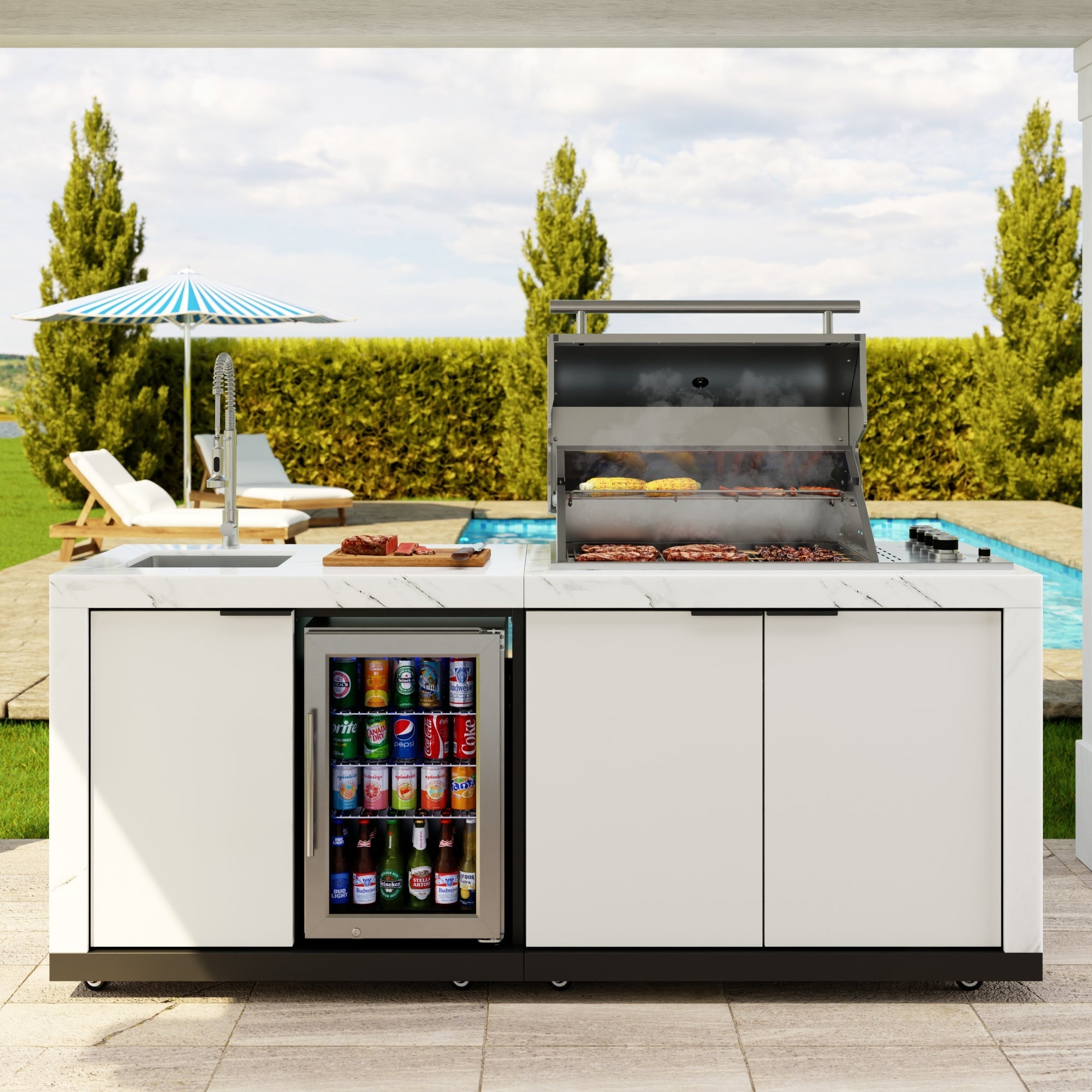 83 in. Outdoor Kitchen Suite with White Stone Counters and Sides, 4-Burner Grill, Stainless Steel Sink and Faucet