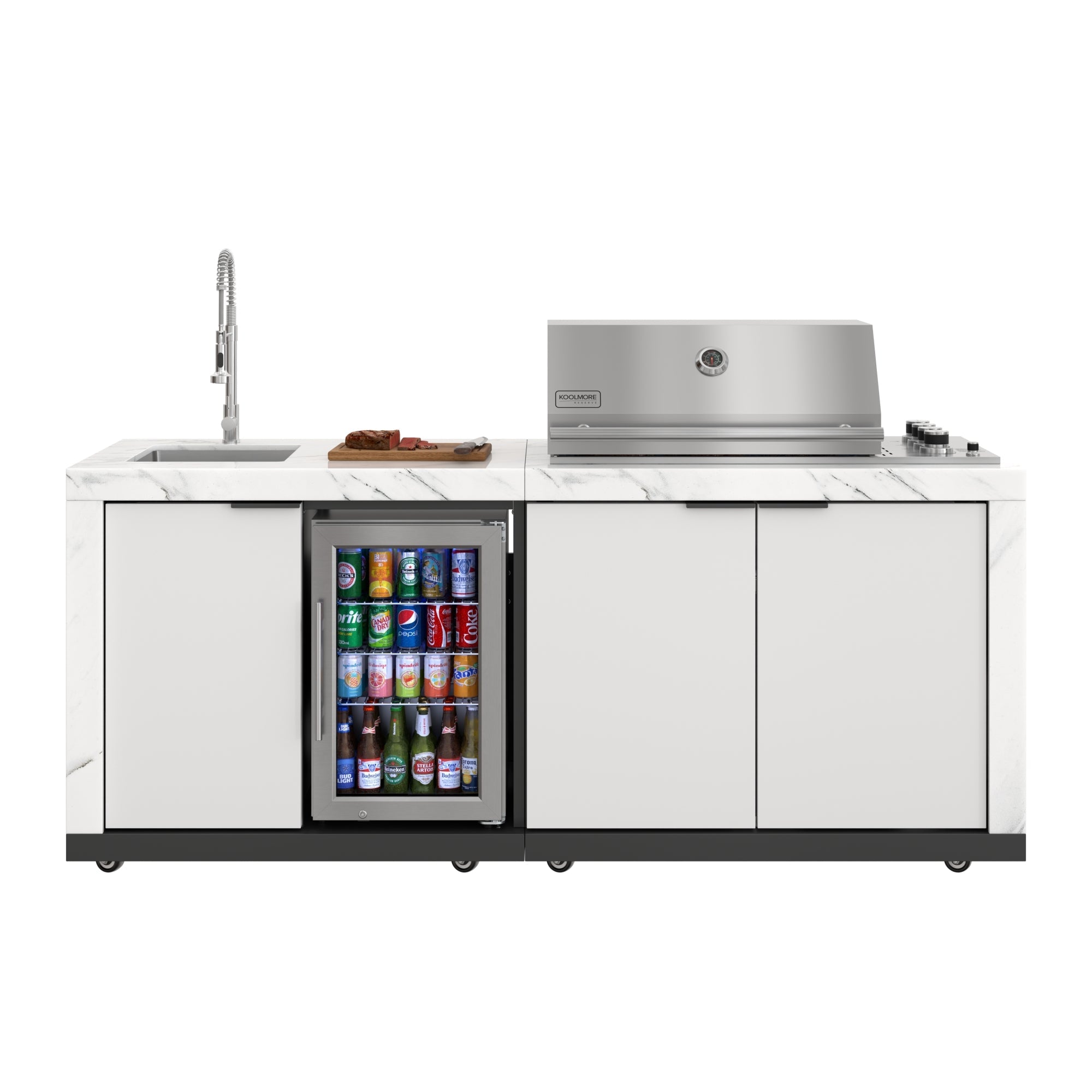 83 in. Outdoor Kitchen Suite with White Stone Counters and Sides, 4-Burner Grill, Stainless Steel Sink and Faucet