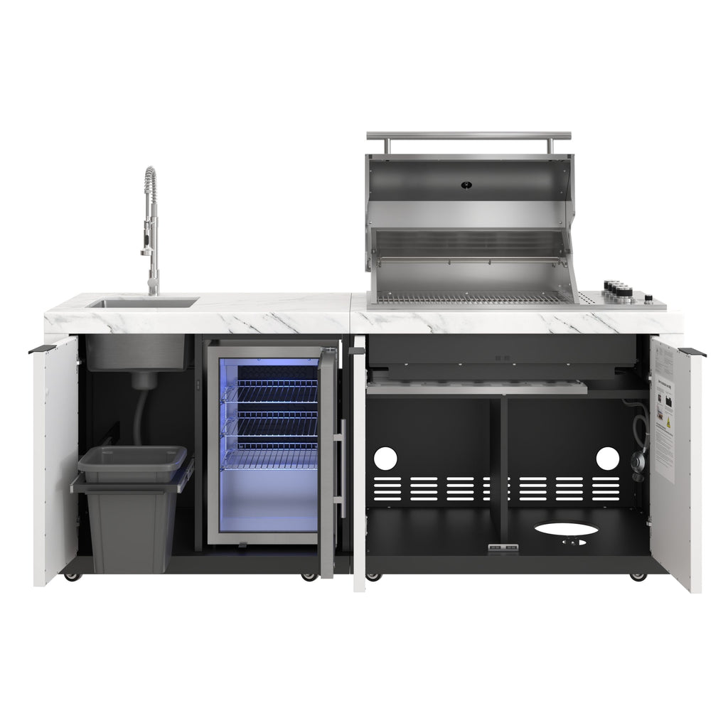 83 in. Outdoor Kitchen Suite with White Stone Counters and Sides, 4-Burner Grill, Stainless Steel Sink and Faucet