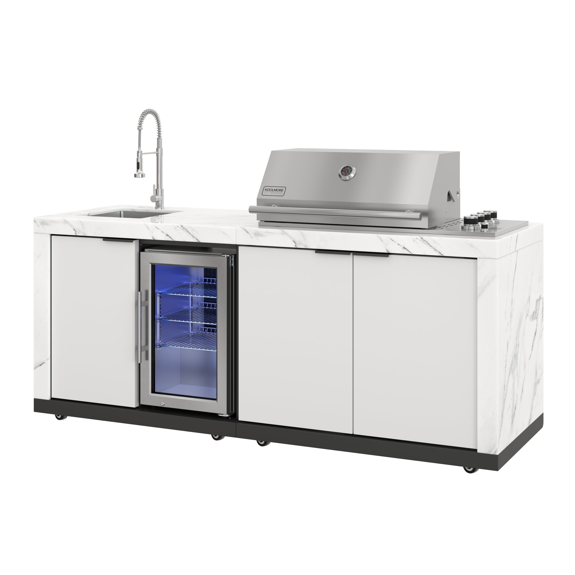 83 in. Outdoor Kitchen Suite with White Stone Counters and Sides, 4-Burner Grill, Stainless Steel Sink and Faucet