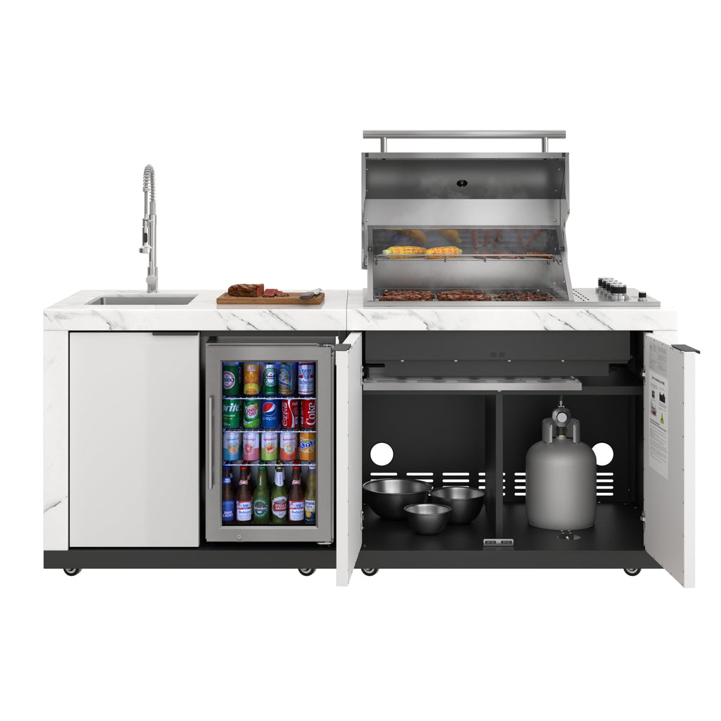 83 in. Outdoor Kitchen Suite with White Stone Counters and Sides, 4-Burner Grill, Stainless Steel Sink and Faucet