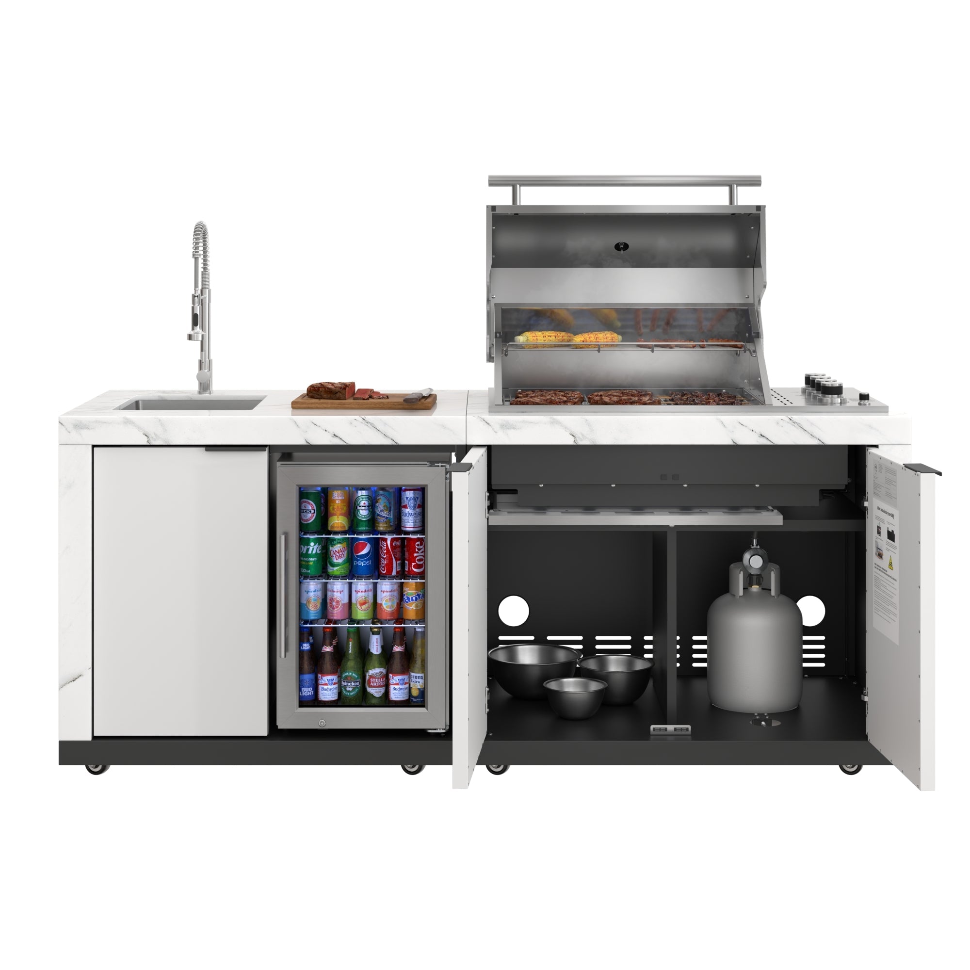 83 in. Outdoor Kitchen Suite with White Stone Counters and Sides, 4-Burner Grill, Stainless Steel Sink and Faucet
