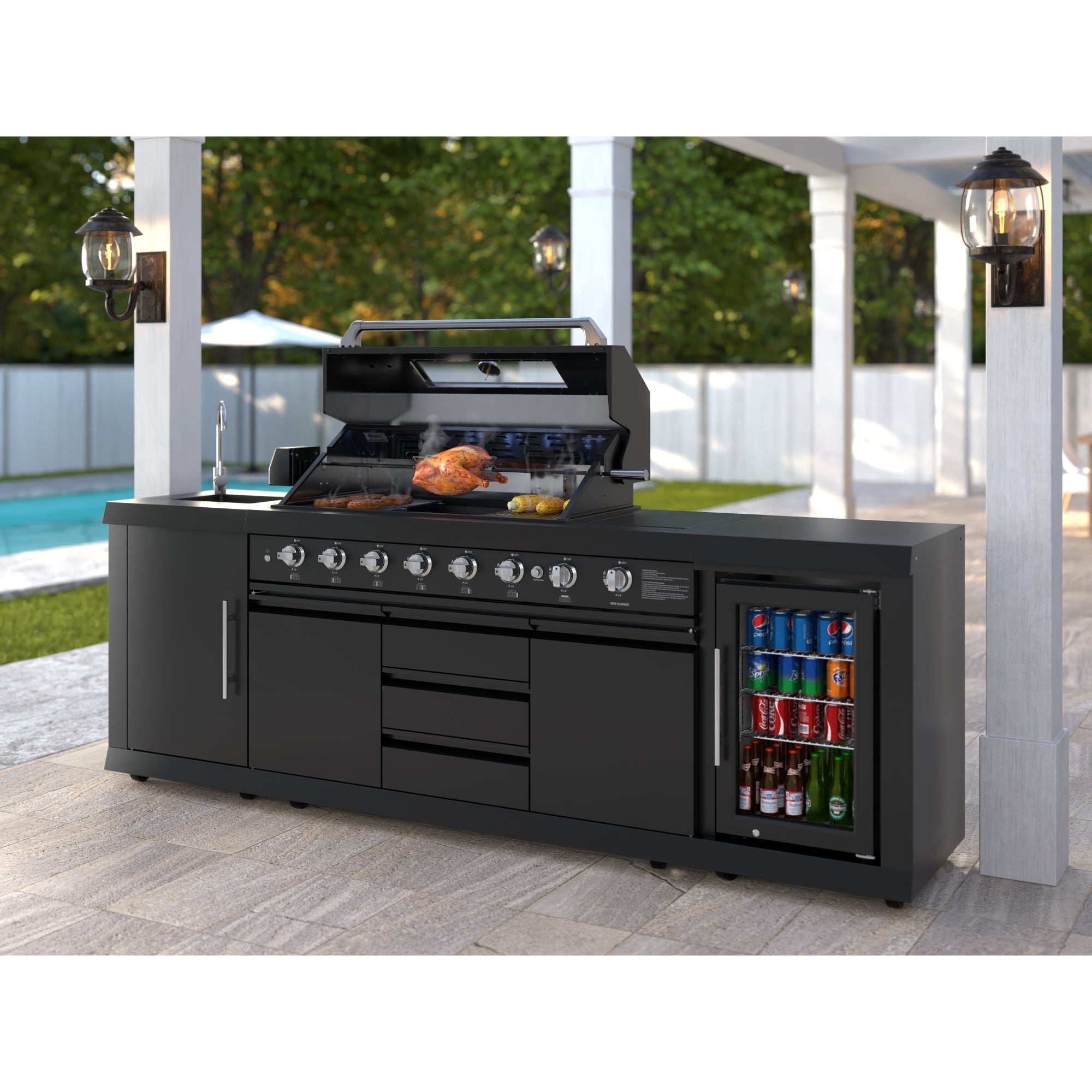 KoolMore Reserve Outdoor Kitchen Island with 6 Burner Grill, Sink, Storage Cabinet and Beverage Refrigerator in Black