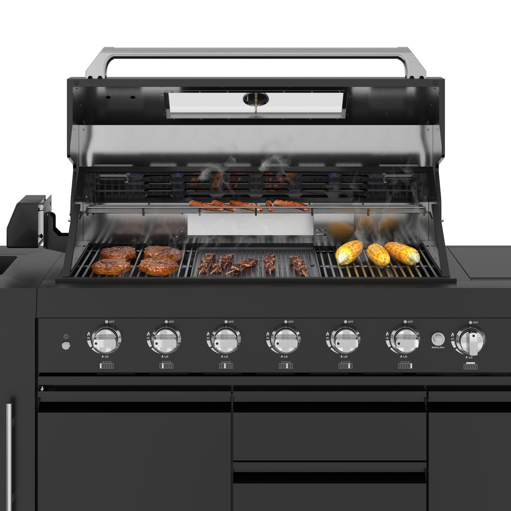 KoolMore Reserve Outdoor Kitchen Island with 6 Burner Grill, Sink, Storage Cabinet and Beverage Refrigerator in Black