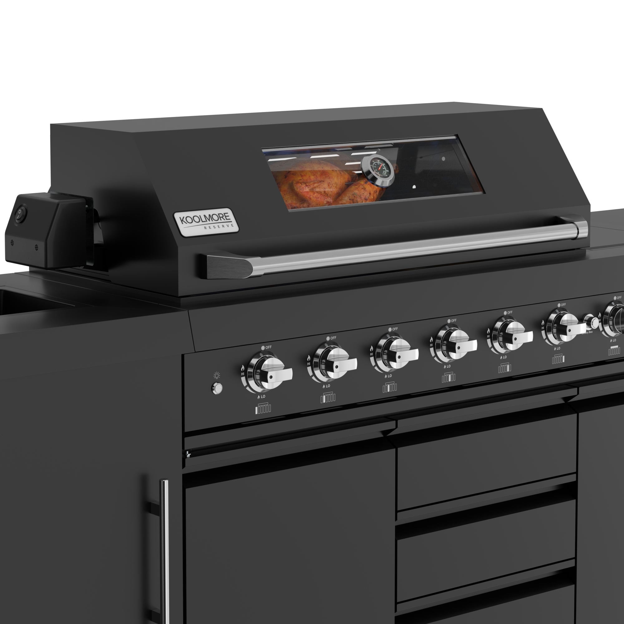 KoolMore Reserve Outdoor Kitchen Island with 6 Burner Grill, Sink, Storage Cabinet and Beverage Refrigerator in Black