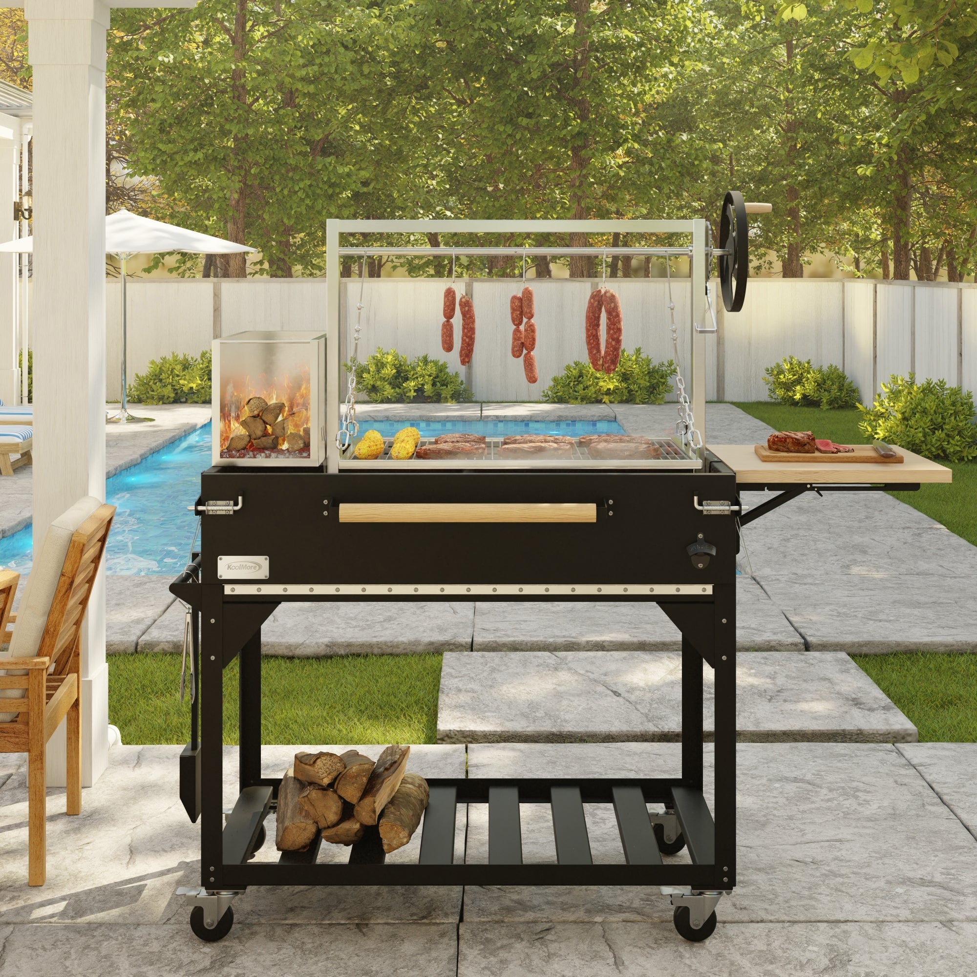 72 in. Argentine Santa Maria Charcoal and Wood Grill, Adjustable Outdoor BBQ, in Black