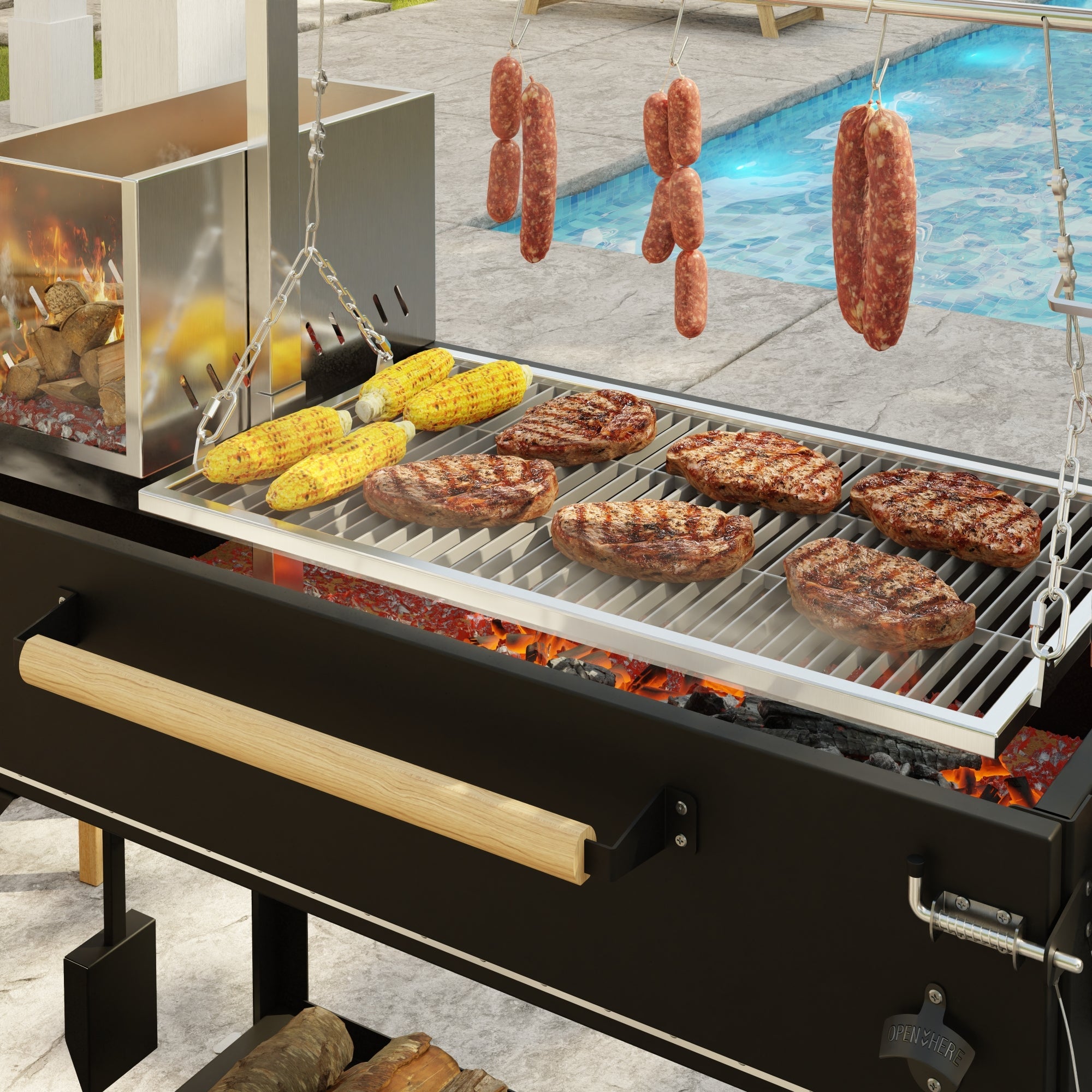 72 in. Argentine Santa Maria Charcoal and Wood Grill, Adjustable Outdoor BBQ, in Black