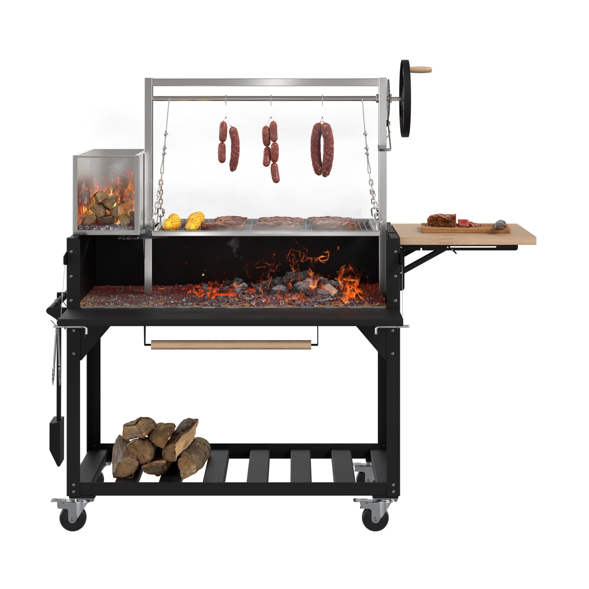 72 in. Argentine Santa Maria Charcoal and Wood Grill, Adjustable Outdoor BBQ, in Black