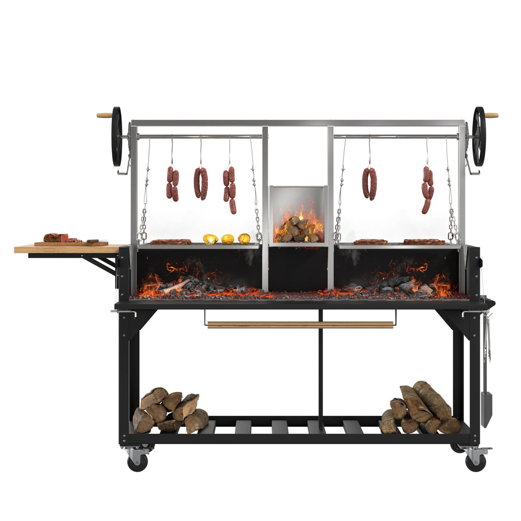 92 in. Argentine Santa Maria Charcoal and Wood Grill, Adjustable Outdoor BBQ, in Black