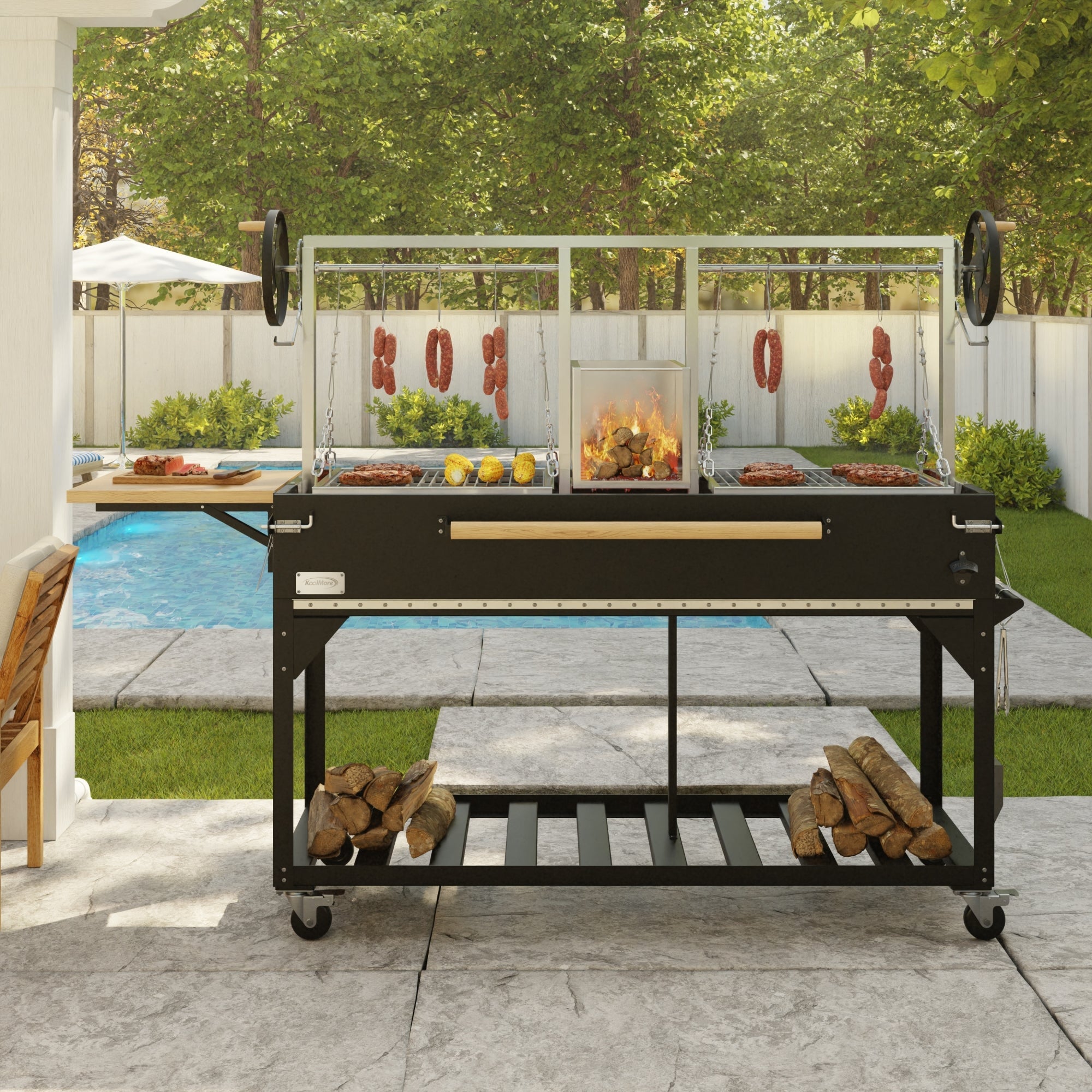 92 in. Argentine Santa Maria Charcoal and Wood Grill, Adjustable Outdoor BBQ, in Black