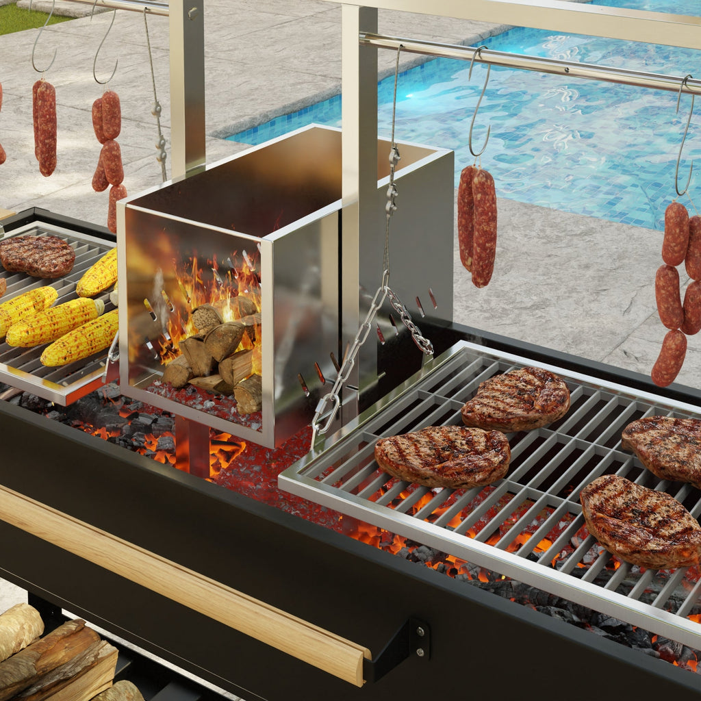 92 in. Argentine Santa Maria Charcoal and Wood Grill, Adjustable Outdoor BBQ, in Black