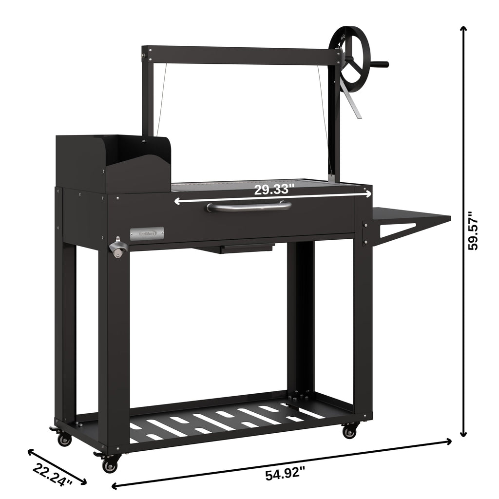 54 in. Argentine Charcoal Grill, Adjustable Grate Outdoor BBQ, in Black