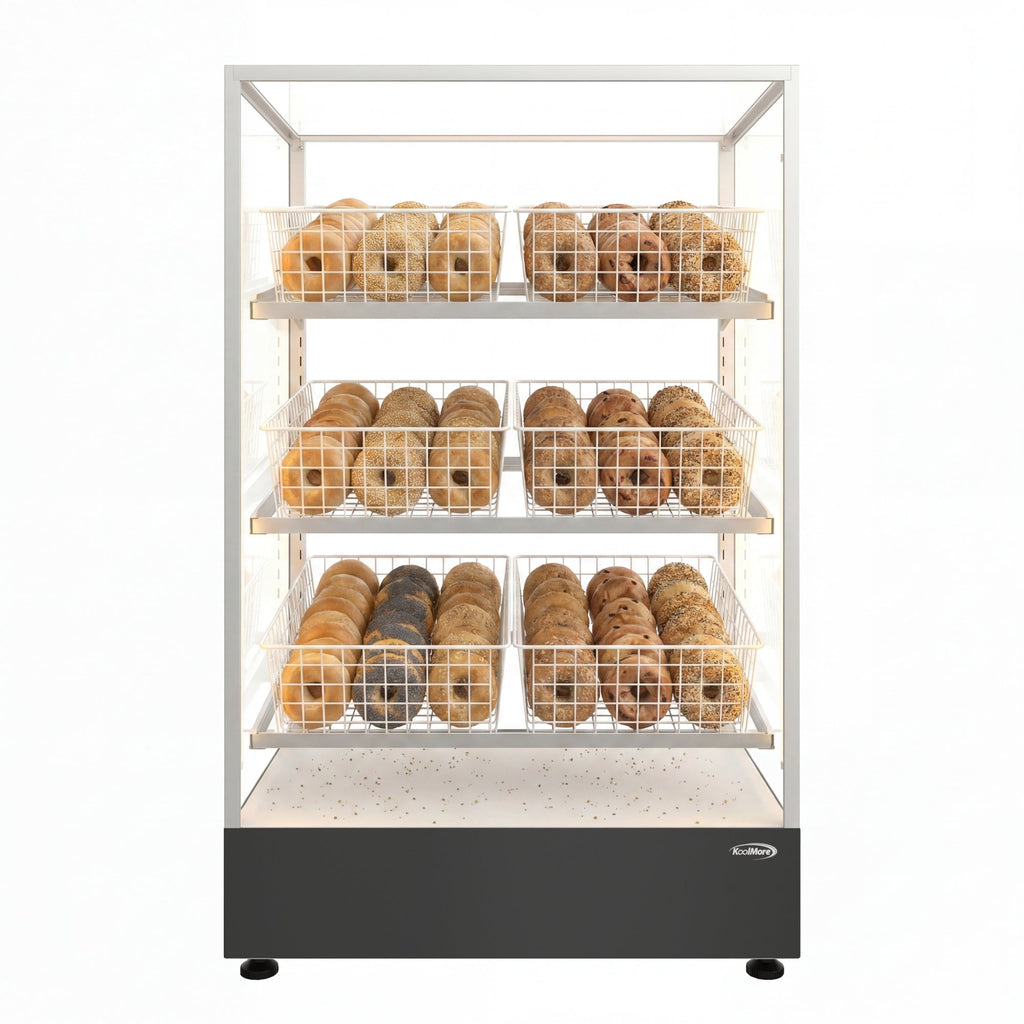 30 in. Tempered Glass Floor Standing Bagel Bakery Display Case with 6 Baskets, Open Back and LED Lighting