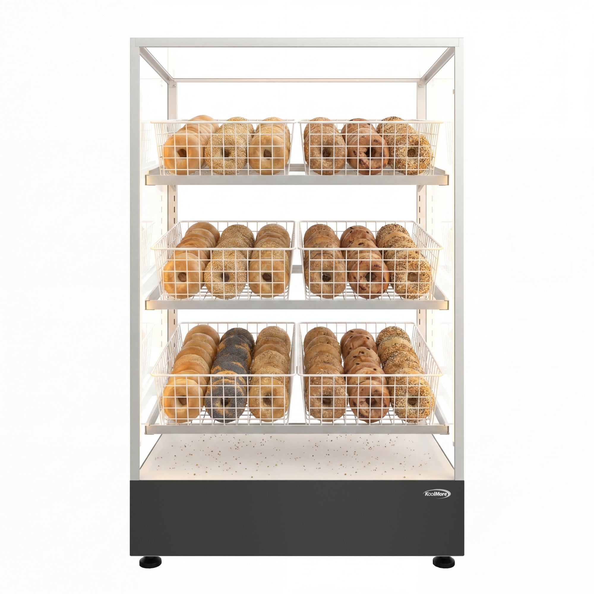 30 in. Tempered Glass Floor Standing Bagel Bakery Display Case with 6 Baskets, Open Back and LED Lighting