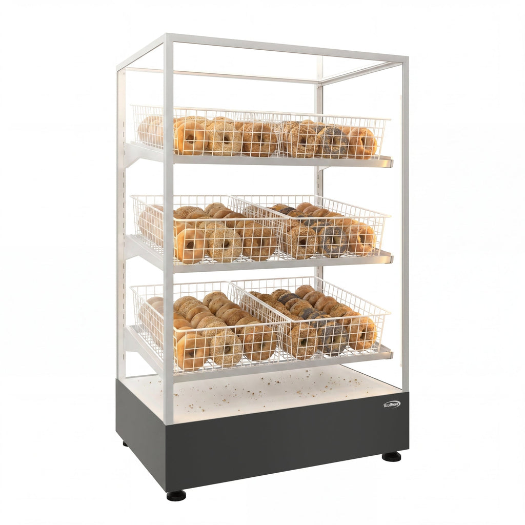 30 in. Tempered Glass Floor Standing Bagel Bakery Display Case with 6 Baskets, Open Back and LED Lighting