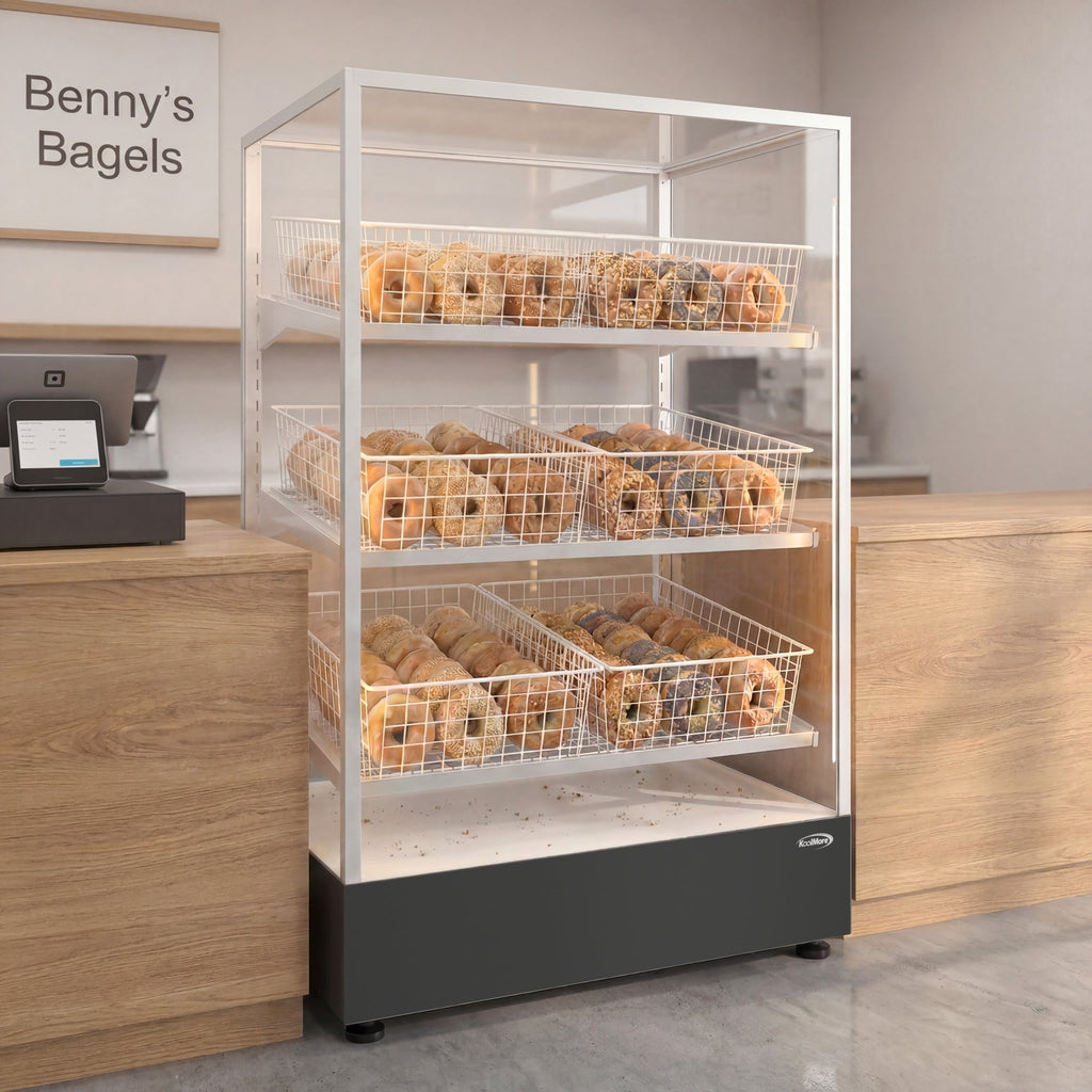 30 in. Tempered Glass Floor Standing Bagel Bakery Display Case with 6 Baskets, Open Back and LED Lighting