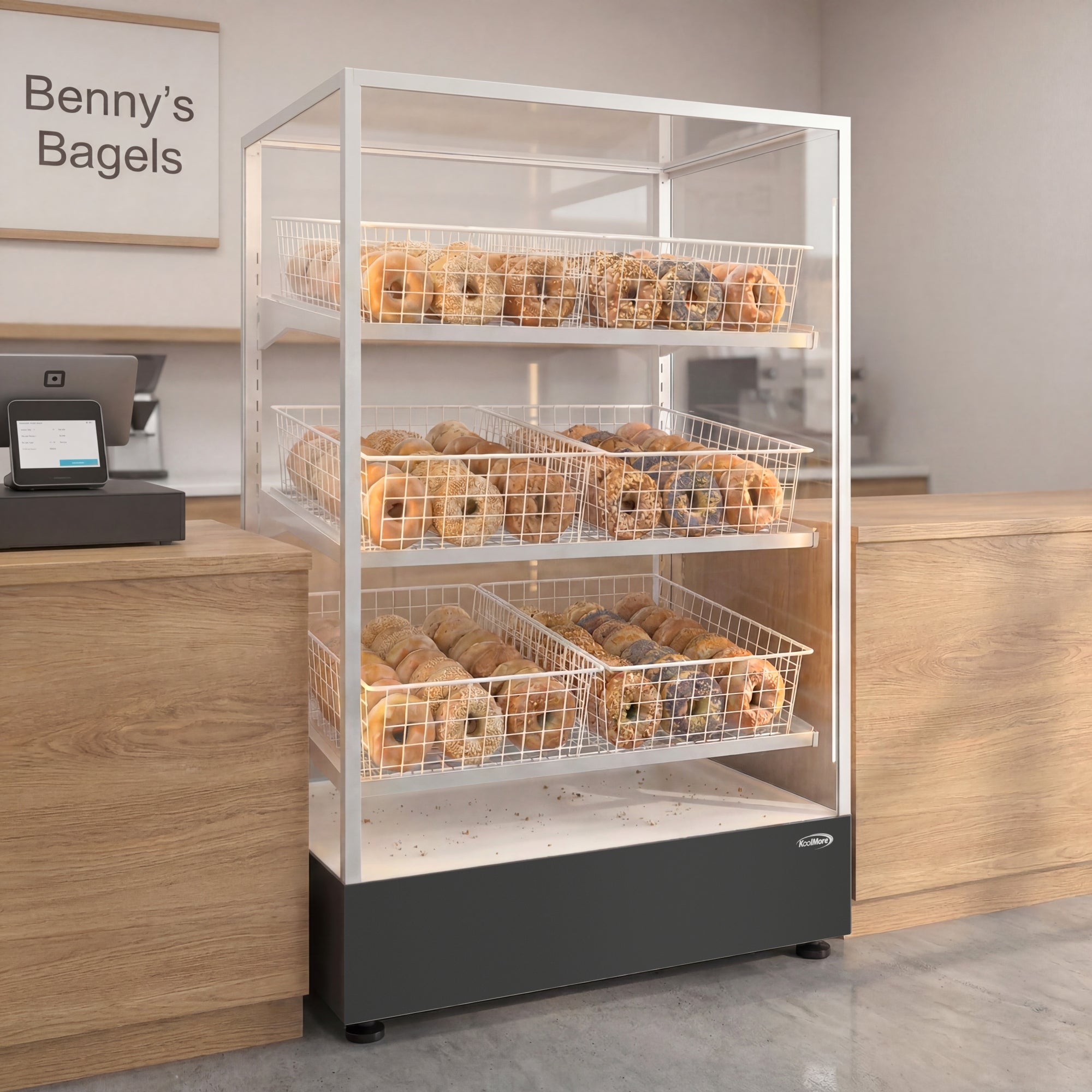 30 in. Tempered Glass Floor Standing Bagel Bakery Display Case with 6 Baskets, Open Back and LED Lighting
