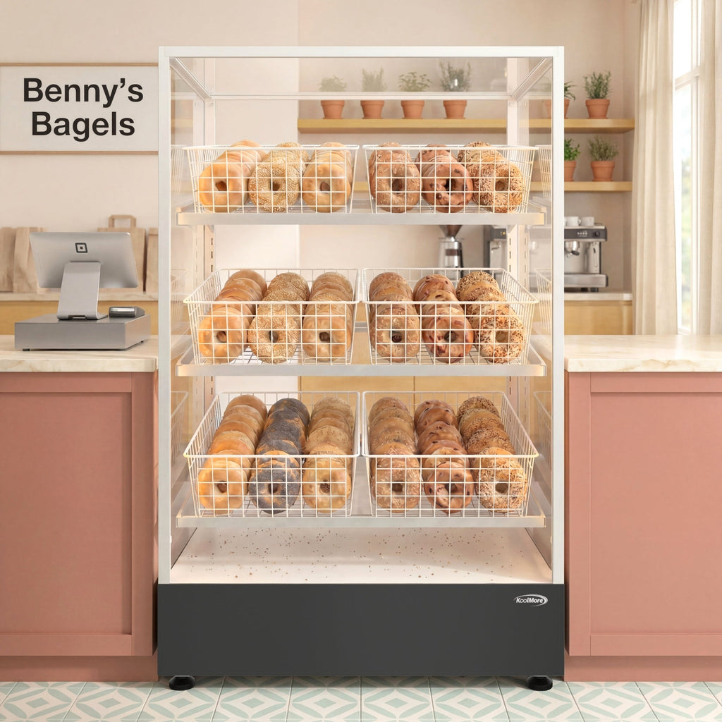 30 in. Tempered Glass Floor Standing Bagel Bakery Display Case with 6 Baskets, Open Back and LED Lighting