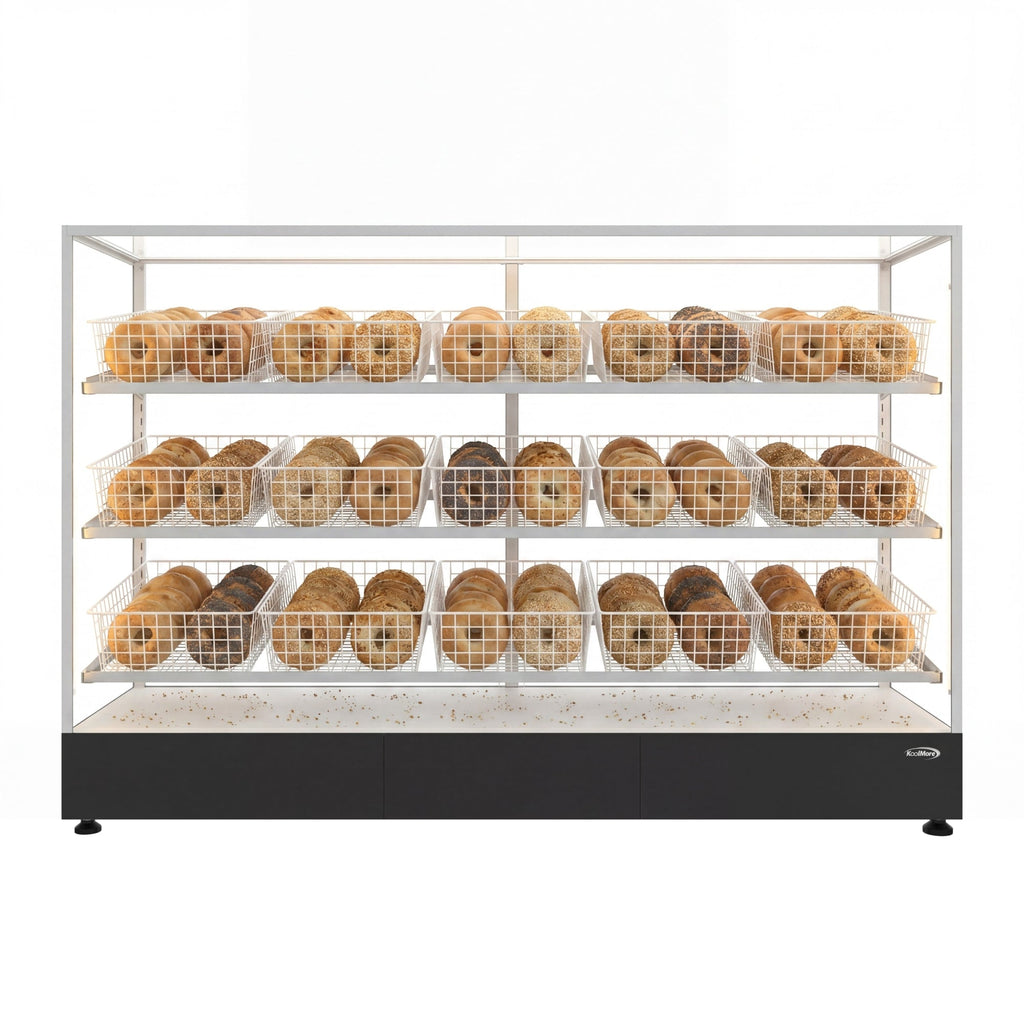 73 in. Tempered Glass Floor Standing Bagel Bakery Display Case with 15 Baskets, Open Back and LED Lighting
