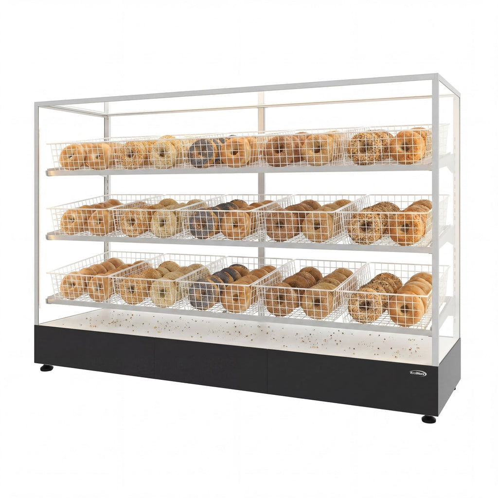 73 in. Tempered Glass Floor Standing Bagel Bakery Display Case with 15 Baskets, Open Back and LED Lighting