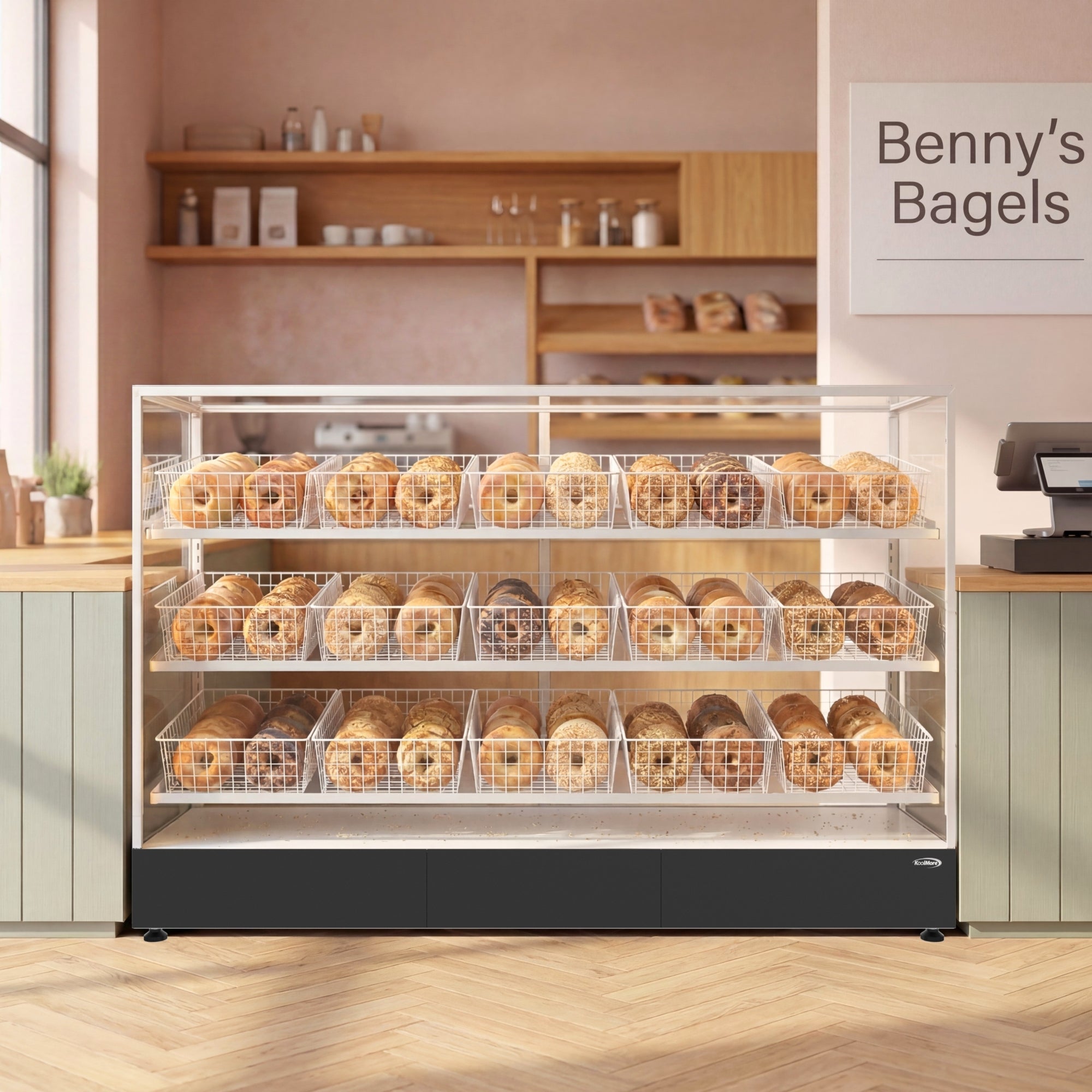 73 in. Tempered Glass Floor Standing Bagel Bakery Display Case with 15 Baskets, Open Back and LED Lighting