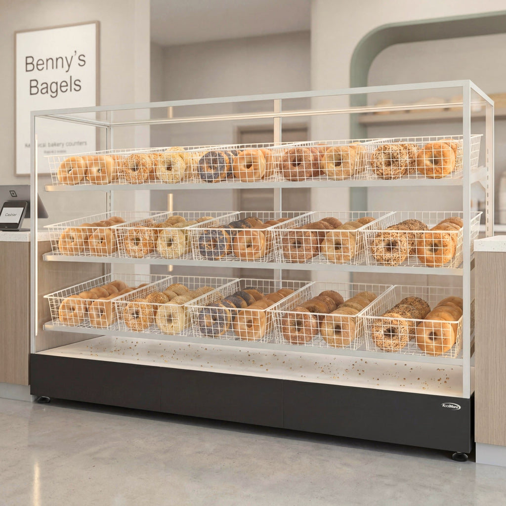 73 in. Tempered Glass Floor Standing Bagel Bakery Display Case with 15 Baskets, Open Back and LED Lighting