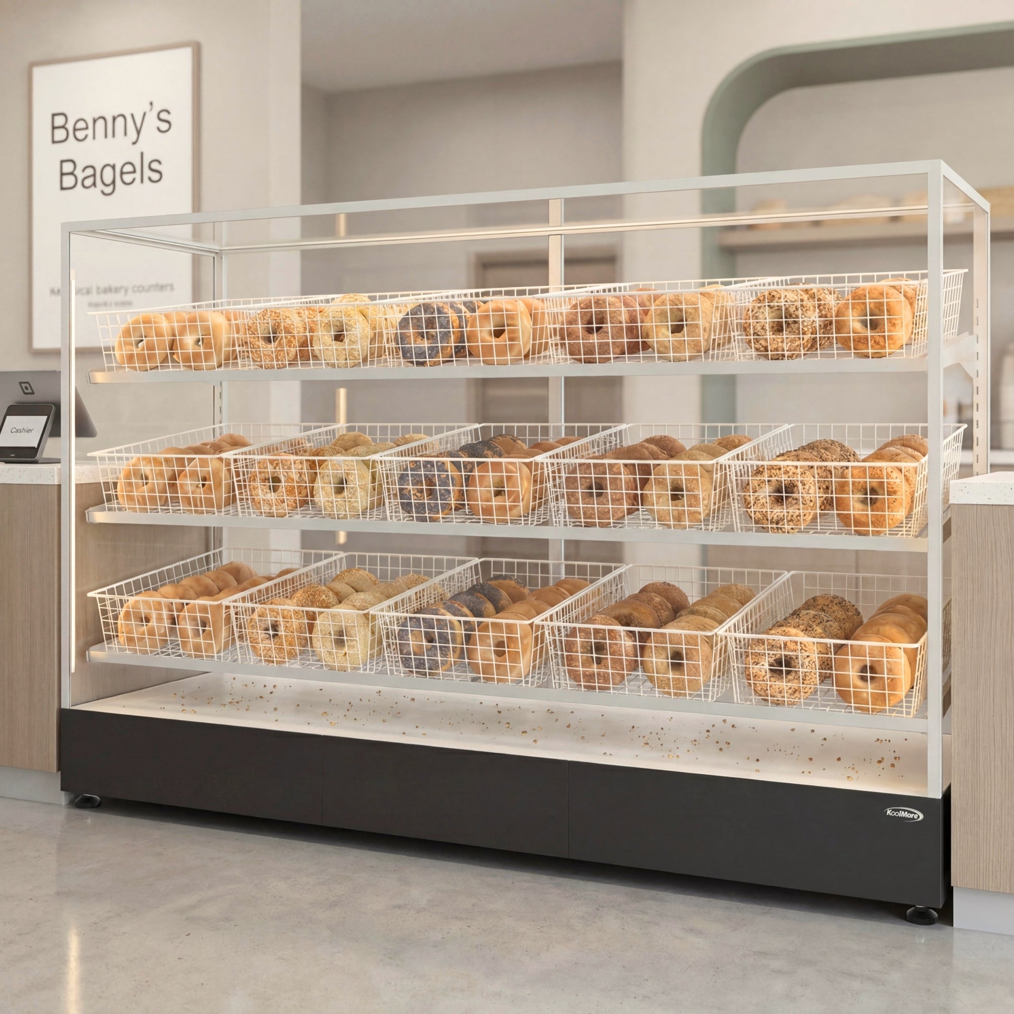73 in. Tempered Glass Floor Standing Bagel Bakery Display Case with 15 Baskets, Open Back and LED Lighting