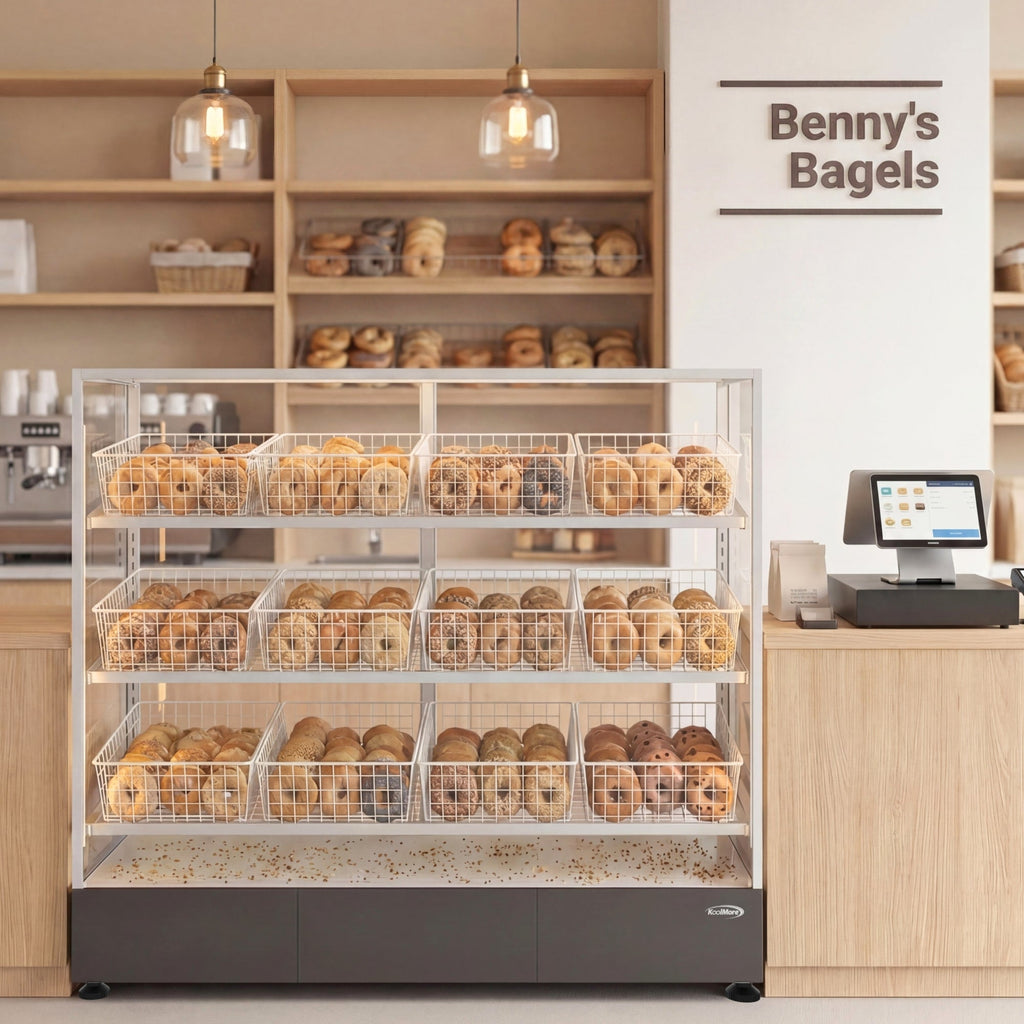 60 in. Floor Standing Bagel Bakery Display Case with 12 Baskets with Open Back and LED Lighting