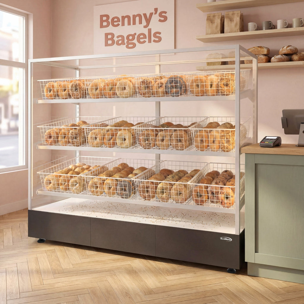 60 in. Floor Standing Bagel Bakery Display Case with 12 Baskets with Open Back and LED Lighting