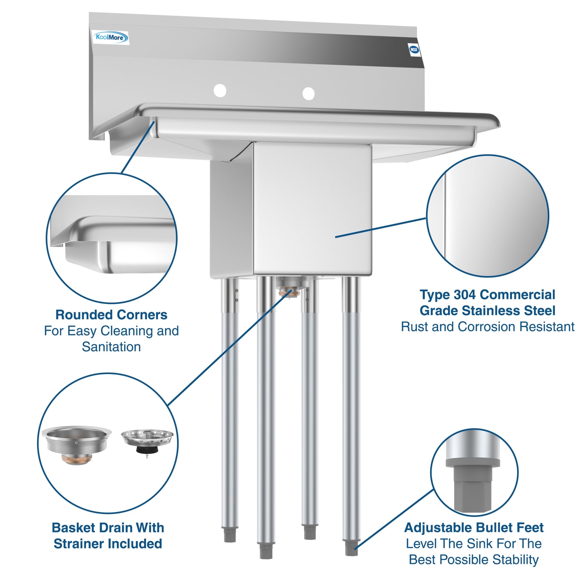 30 in. One Compartment Stainless Steel Commercial Sink with 2 Drainboards, Bowl Size 10" x 14" x 10"