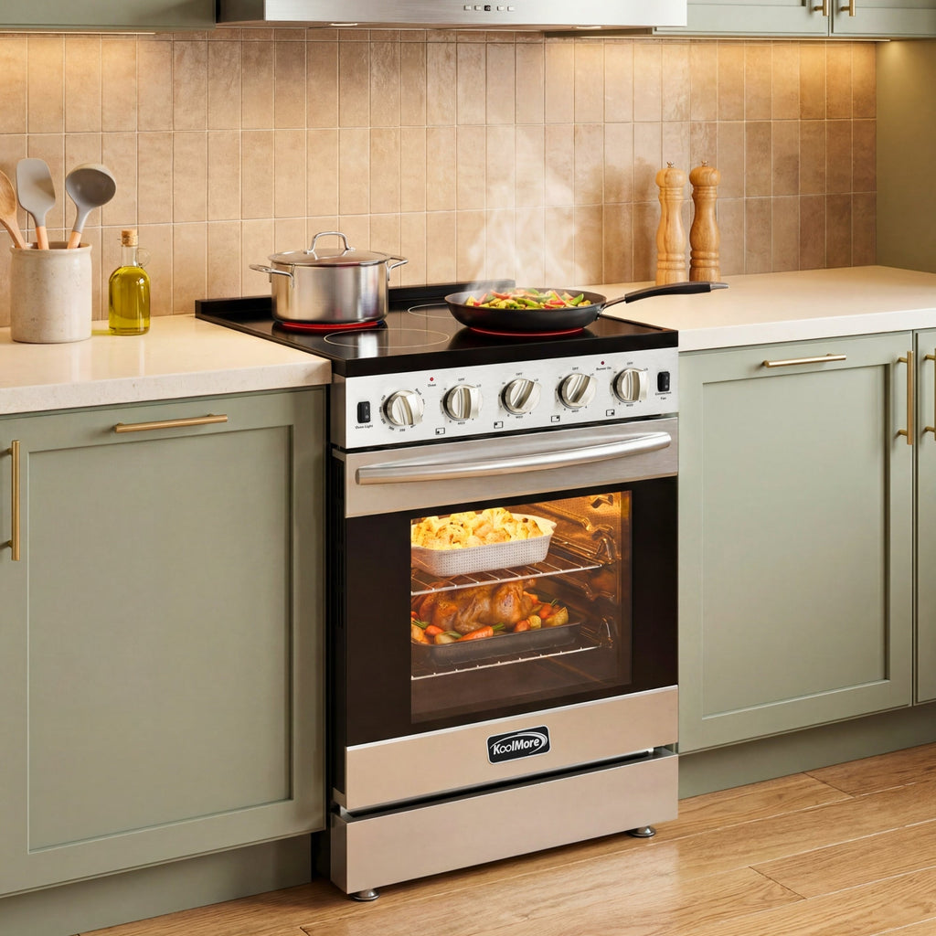 24 in. 4-Burner Electric Glass Top Slide-In Oven Range, 240V in Stainless Steel