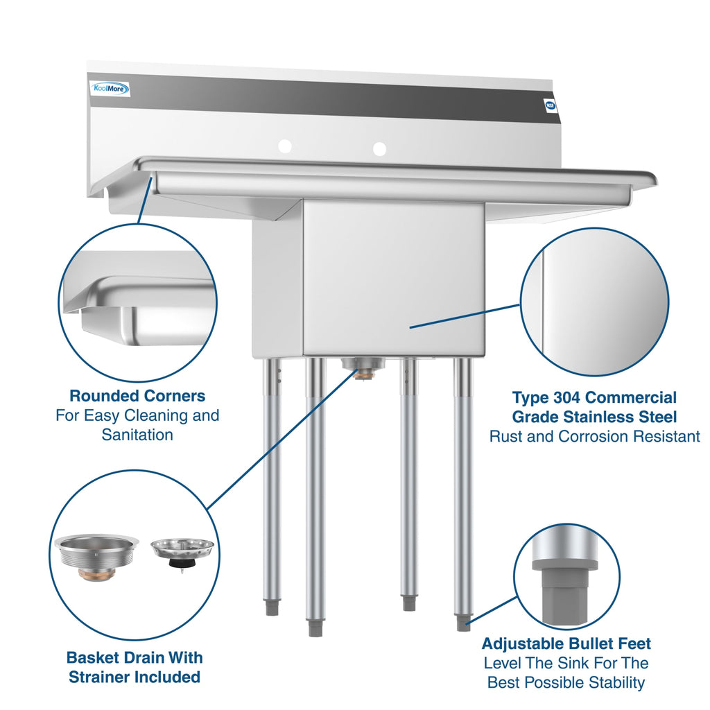 38 in. One Compartment Stainless Steel Commercial Sink with Drainboards, Bowl Size 14"x 16"x 11"