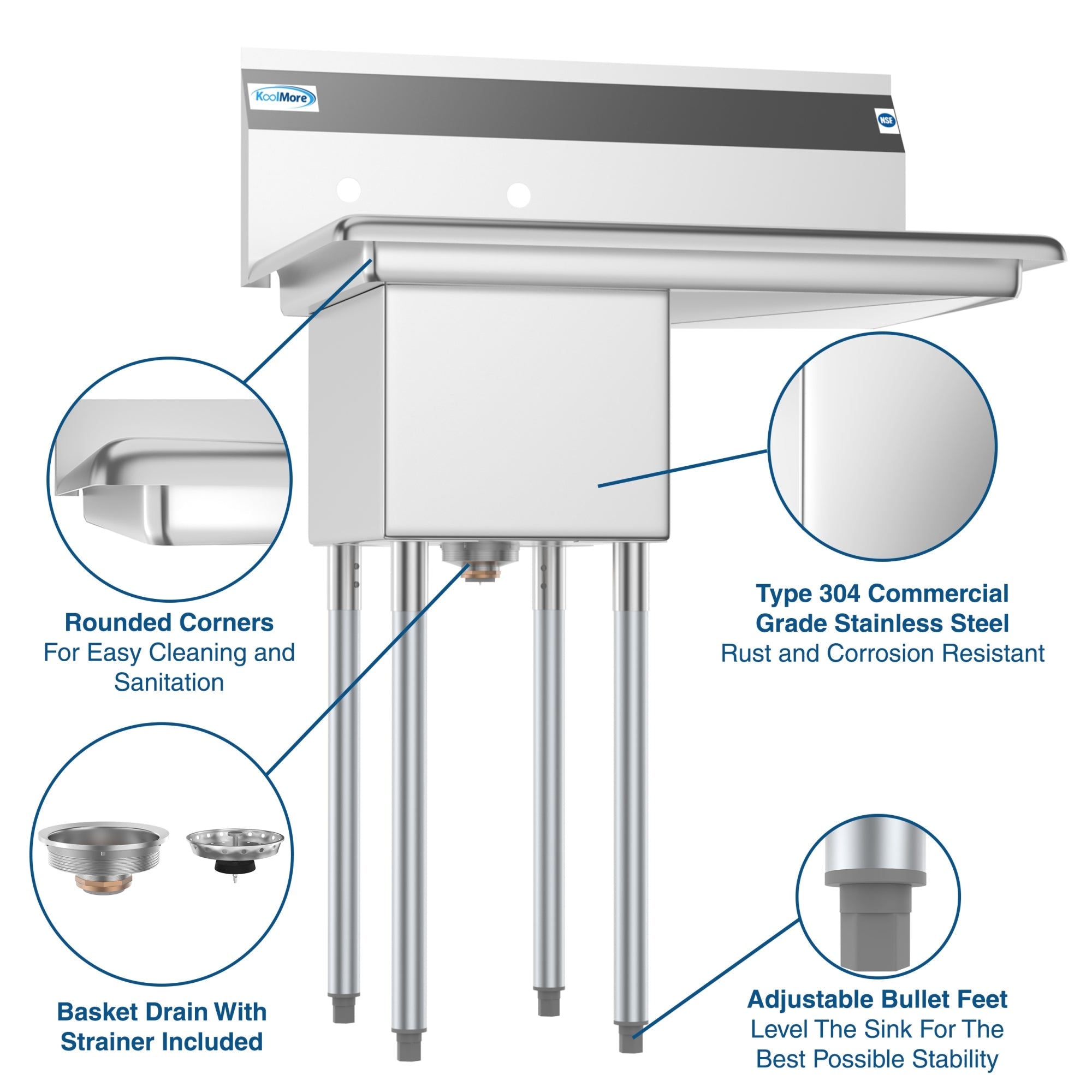 31 in. One Compartment Stainless Steel Commercial Sink with Drainboard, Bowl Size 12" x 16" x 10"
