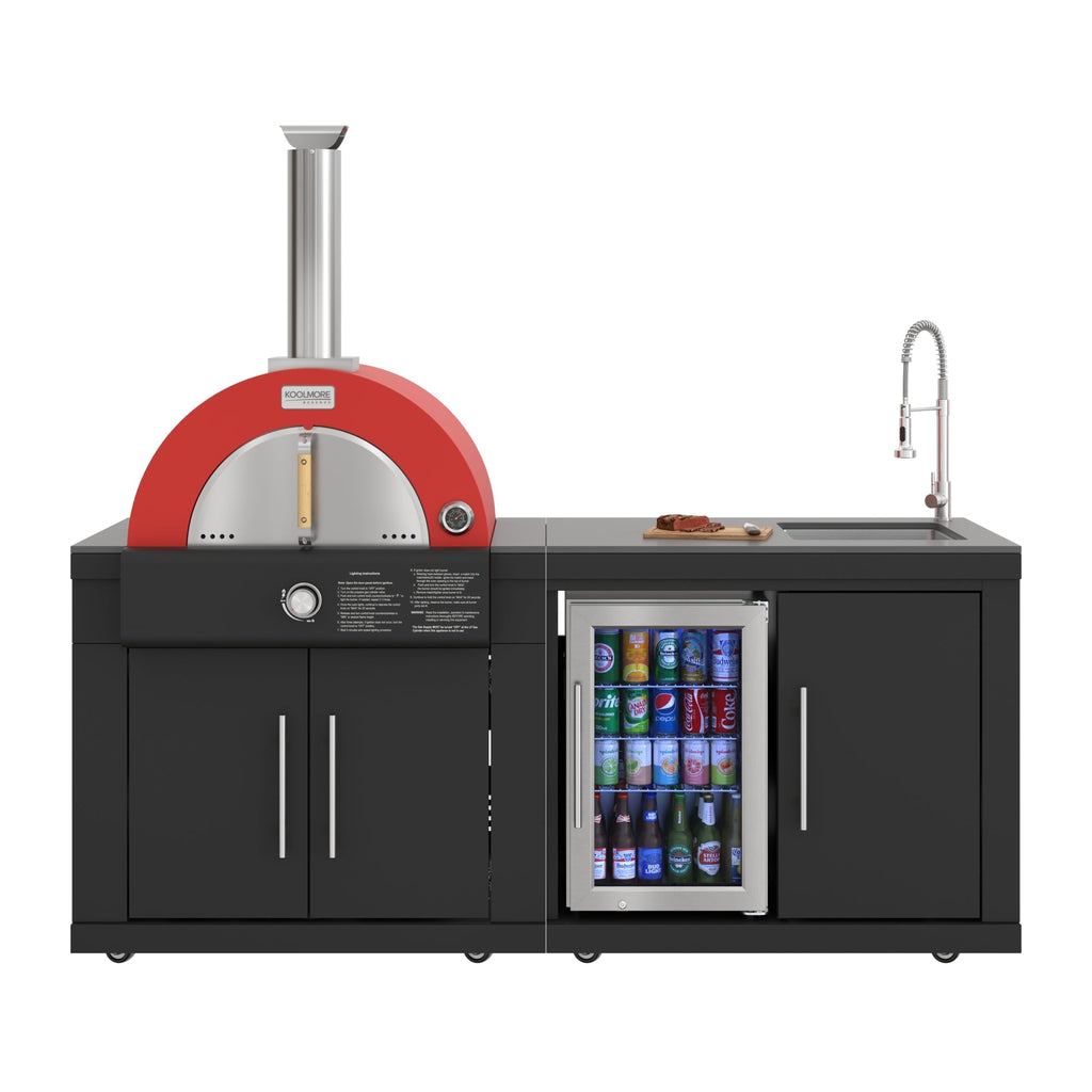 KoolMore Reserve 79 in. Outdoor Kitchen Island with 22 in. Gas and Wood-Fired Pizza Oven, Sink, and Refrigerator in Black Stainless