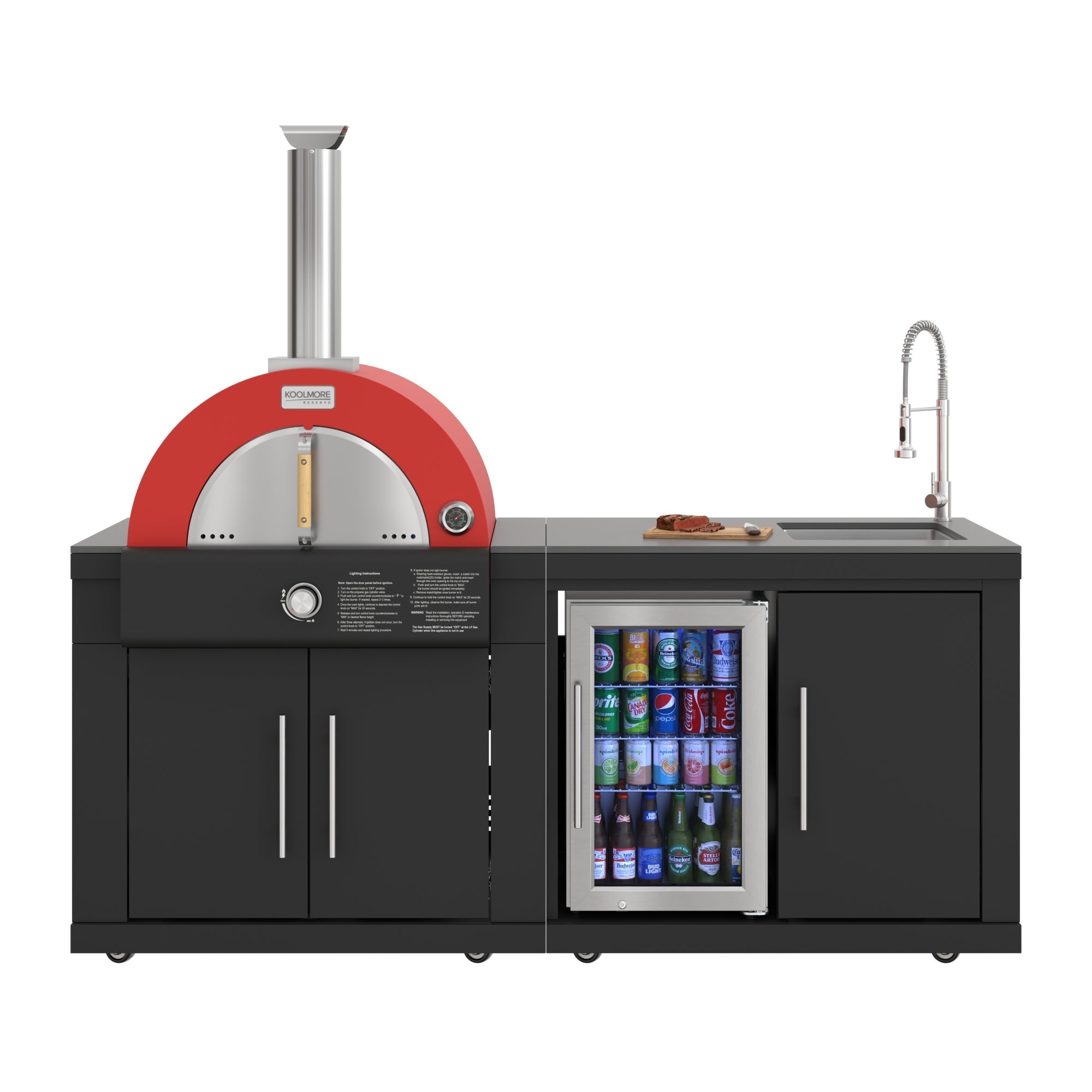 KoolMore Reserve 79 in. Outdoor Kitchen Island with 22 in. Gas and Wood-Fired Pizza Oven, Sink, and Refrigerator in Black Stainless