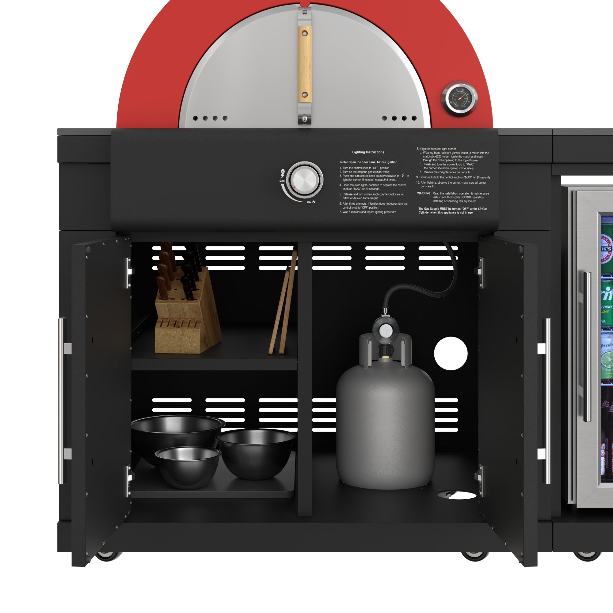 KoolMore Reserve 79 in. Outdoor Kitchen Island with 22 in. Gas and Wood-Fired Pizza Oven, Sink, and Refrigerator in Black Stainless