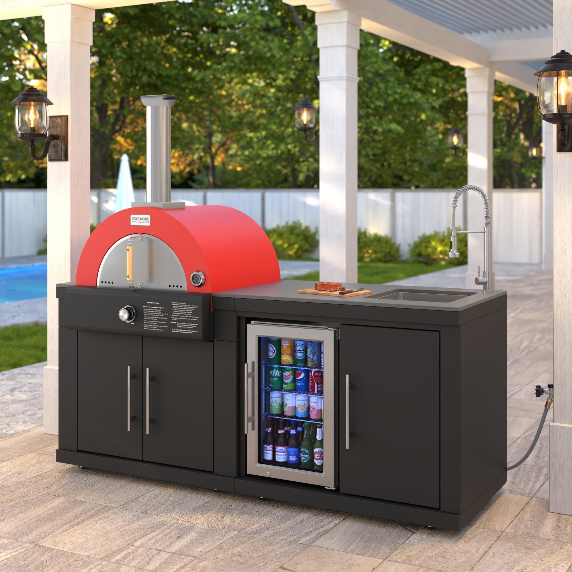 KoolMore Reserve 79 in. Outdoor Kitchen Island with 22 in. Gas and Wood-Fired Pizza Oven, Sink, and Refrigerator in Black Stainless