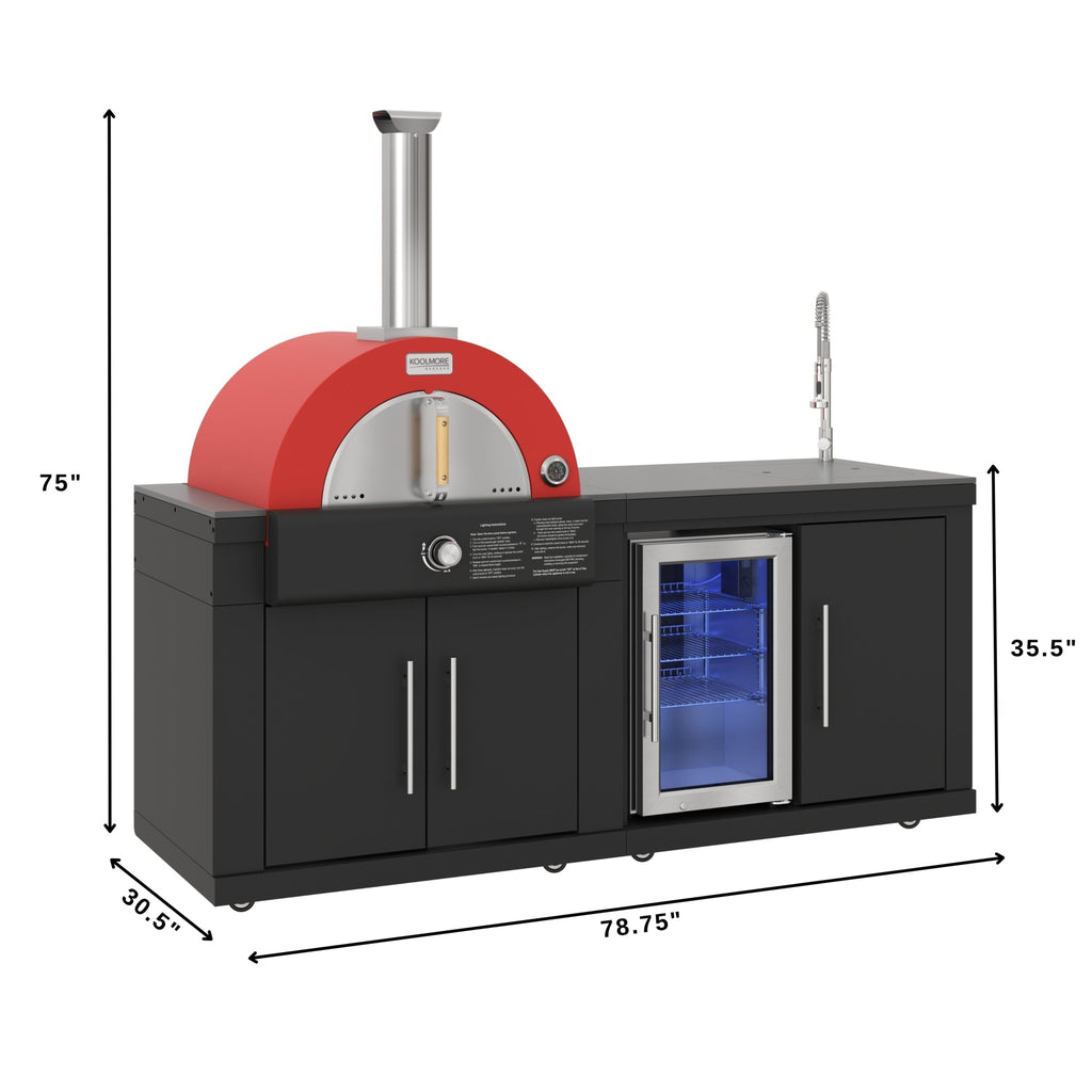 KoolMore Reserve 79 in. Outdoor Kitchen Island with 22 in. Gas and Wood-Fired Pizza Oven, Sink, and Refrigerator in Black Stainless