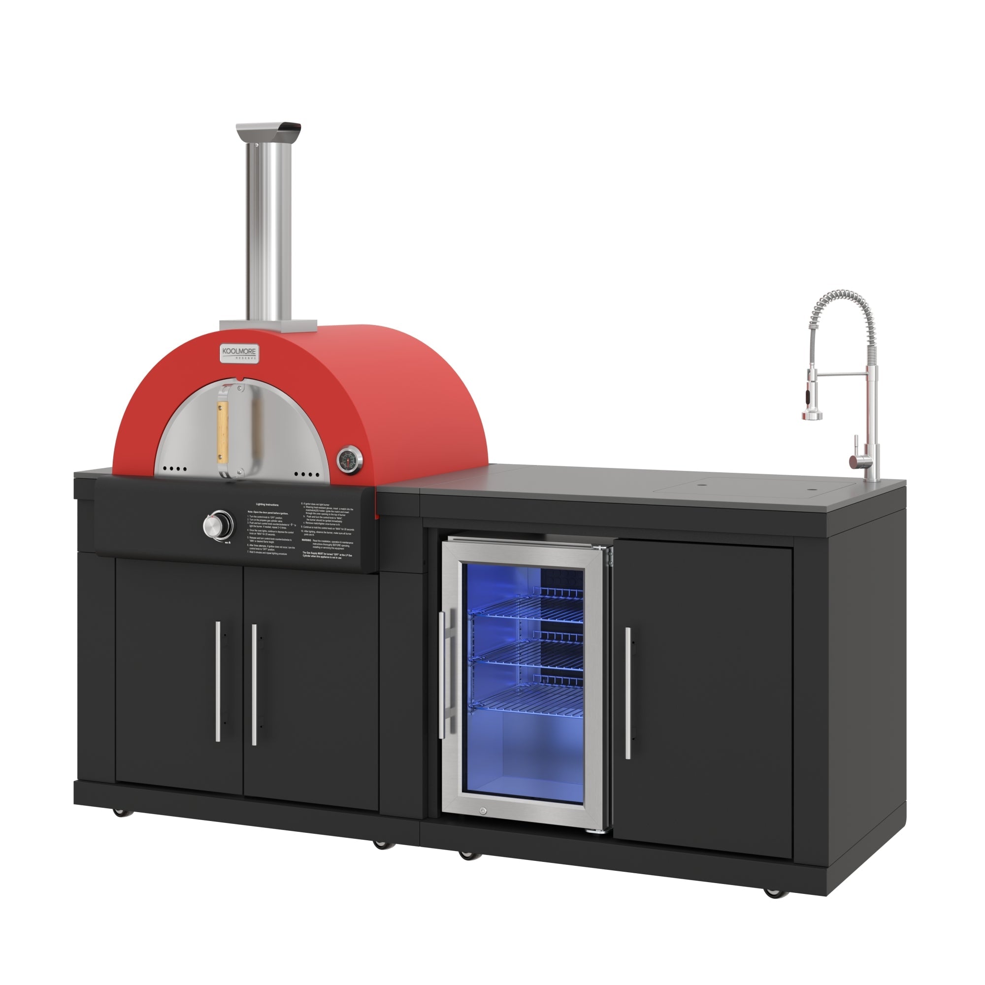 KoolMore Reserve 79 in. Outdoor Kitchen Island with 22 in. Gas and Wood-Fired Pizza Oven, Sink, and Refrigerator in Black Stainless