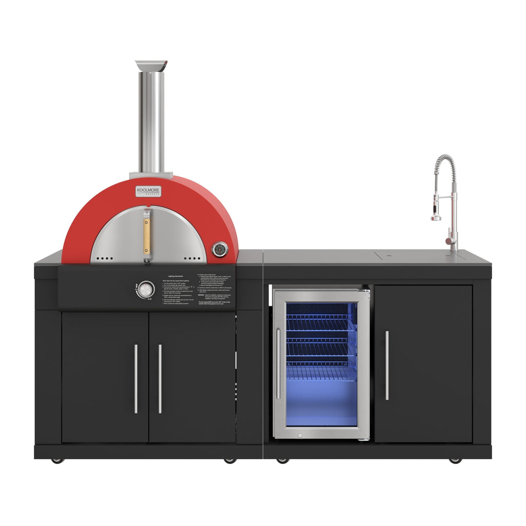 KoolMore Reserve 79 in. Outdoor Kitchen Island with 22 in. Gas and Wood-Fired Pizza Oven, Sink, and Refrigerator in Black Stainless