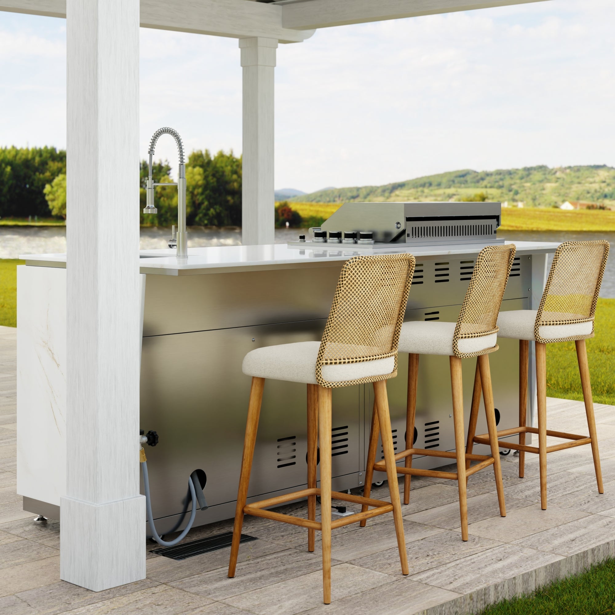 KoolMore Reserve 95 in. Outdoor Kitchen Island with 4-Burner NG and LP BBQ Grill, White Stone Counters and Sides, and Stainless-Steel Cabinets and Sink