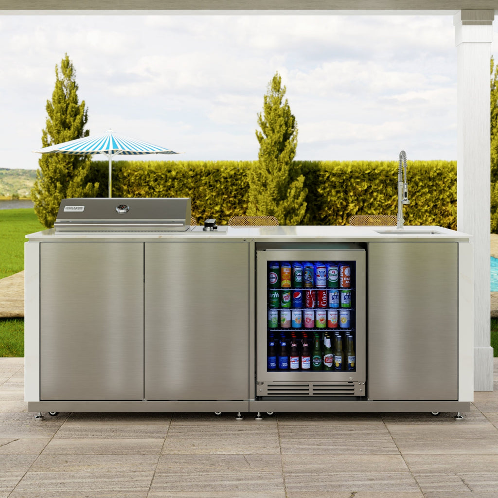 KoolMore Reserve 95 in. Outdoor Kitchen Island with 4-Burner NG and LP BBQ Grill, White Stone Counters and Sides, and Stainless-Steel Cabinets and Sink