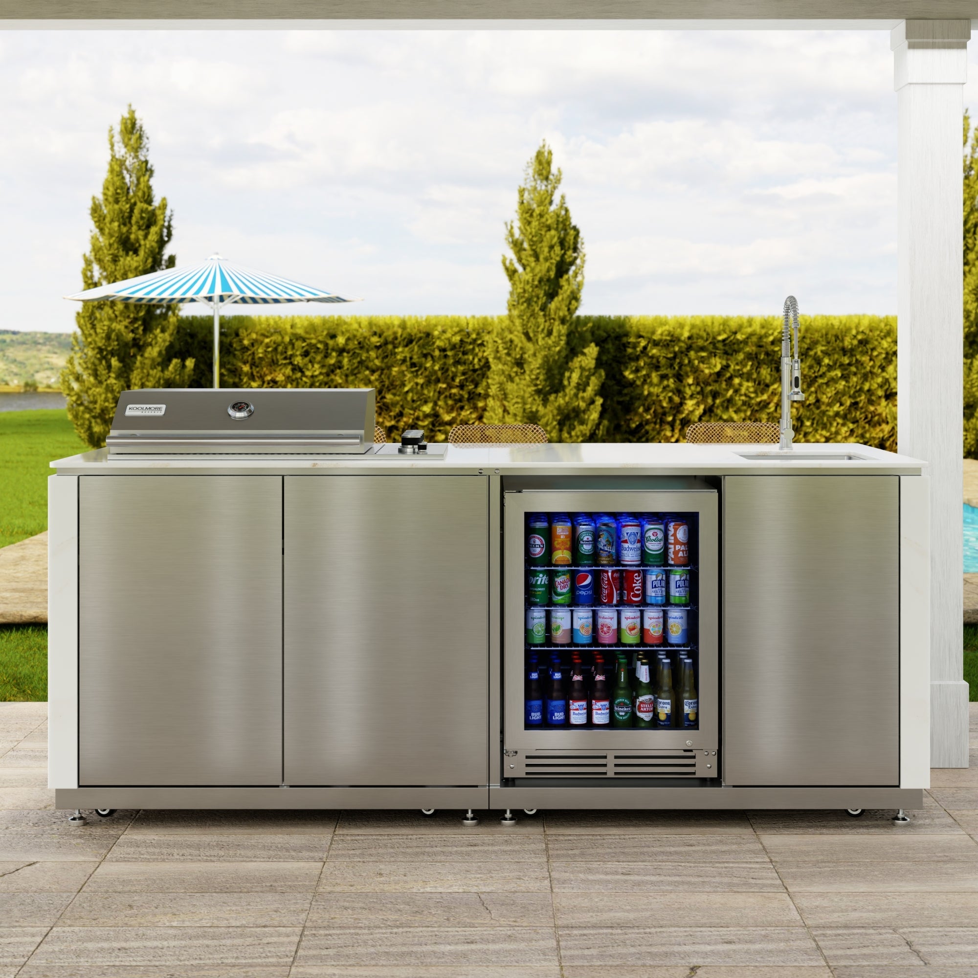 KoolMore Reserve 95 in. Outdoor Kitchen Island with 4-Burner NG and LP BBQ Grill, White Stone Counters and Sides, and Stainless-Steel Cabinets and Sink