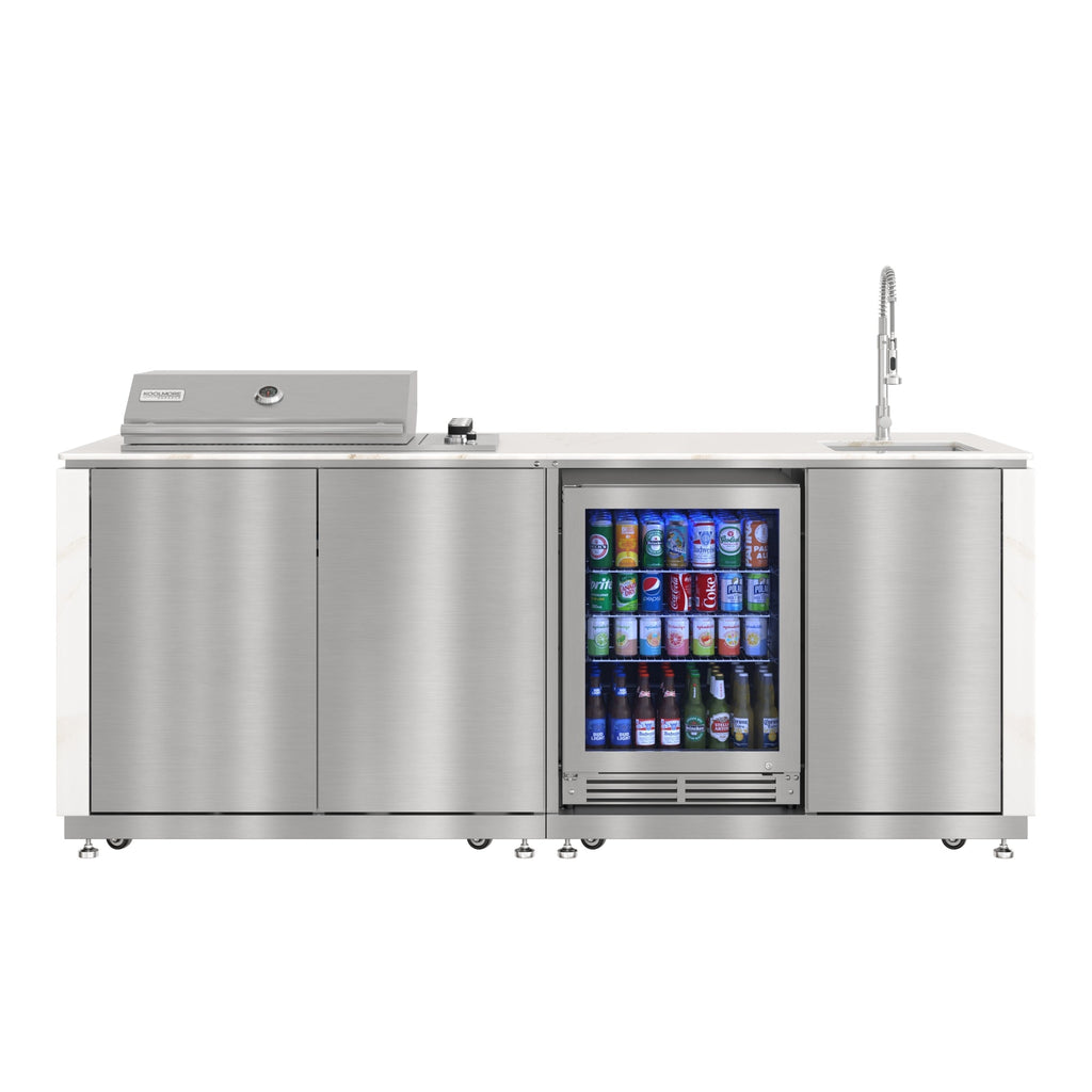 KoolMore Reserve 95 in. Outdoor Kitchen Island with 4-Burner NG and LP BBQ Grill, White Stone Counters and Sides, and Stainless-Steel Cabinets and Sink