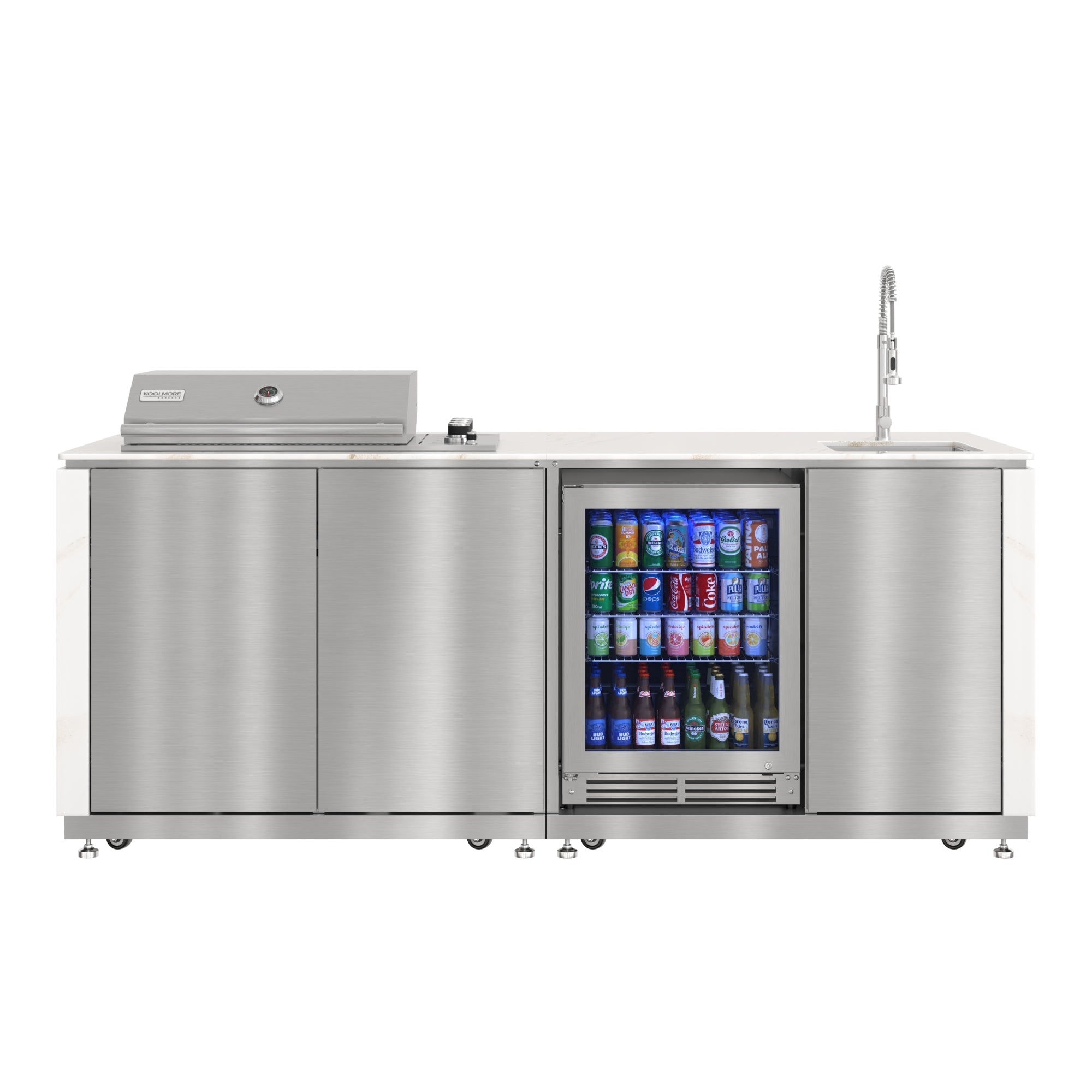 KoolMore Reserve 95 in. Outdoor Kitchen Island with 4-Burner NG and LP BBQ Grill, White Stone Counters and Sides, and Stainless-Steel Cabinets and Sink