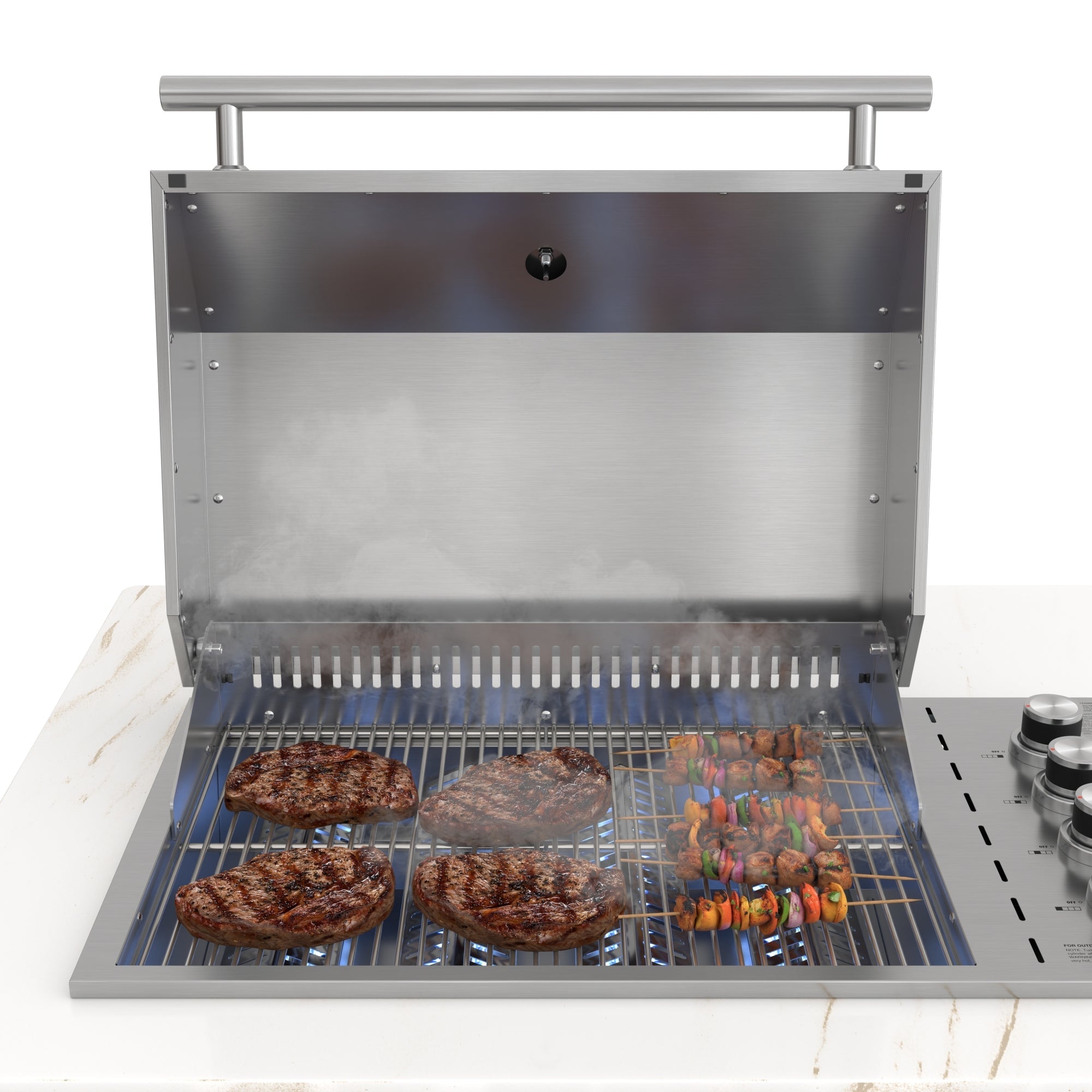 KoolMore Reserve 95 in. Outdoor Kitchen Island with 4-Burner NG and LP BBQ Grill, White Stone Counters and Sides, and Stainless-Steel Cabinets and Sink