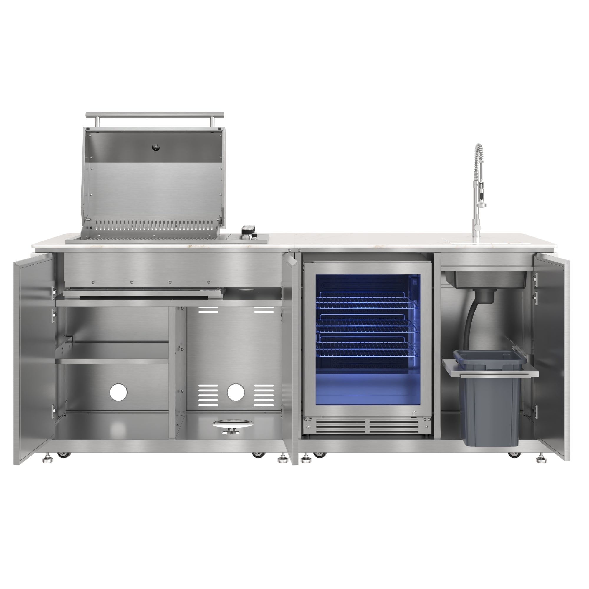 KoolMore Reserve 95 in. Outdoor Kitchen Island with 4-Burner NG and LP BBQ Grill, White Stone Counters and Sides, and Stainless-Steel Cabinets and Sink