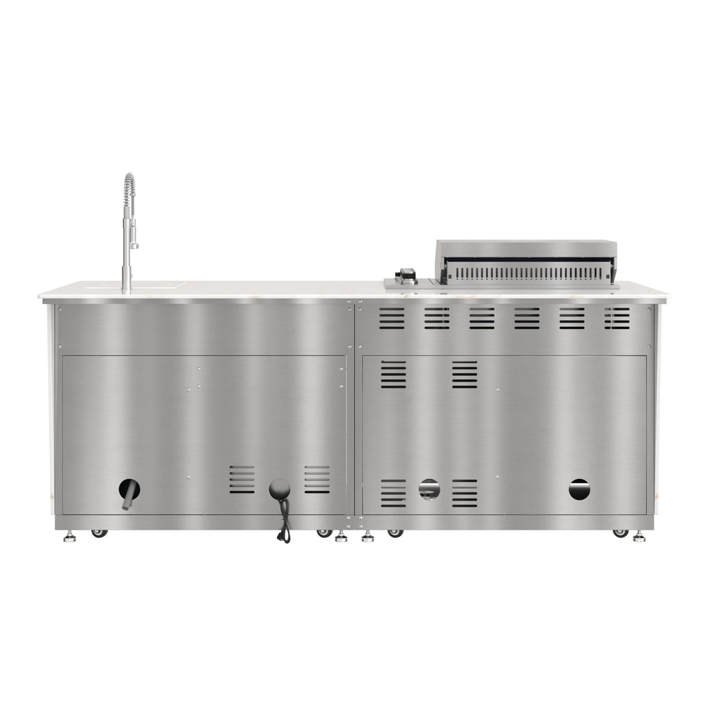 KoolMore Reserve 95 in. Outdoor Kitchen Island with 4-Burner NG and LP BBQ Grill, White Stone Counters and Sides, and Stainless-Steel Cabinets and Sink