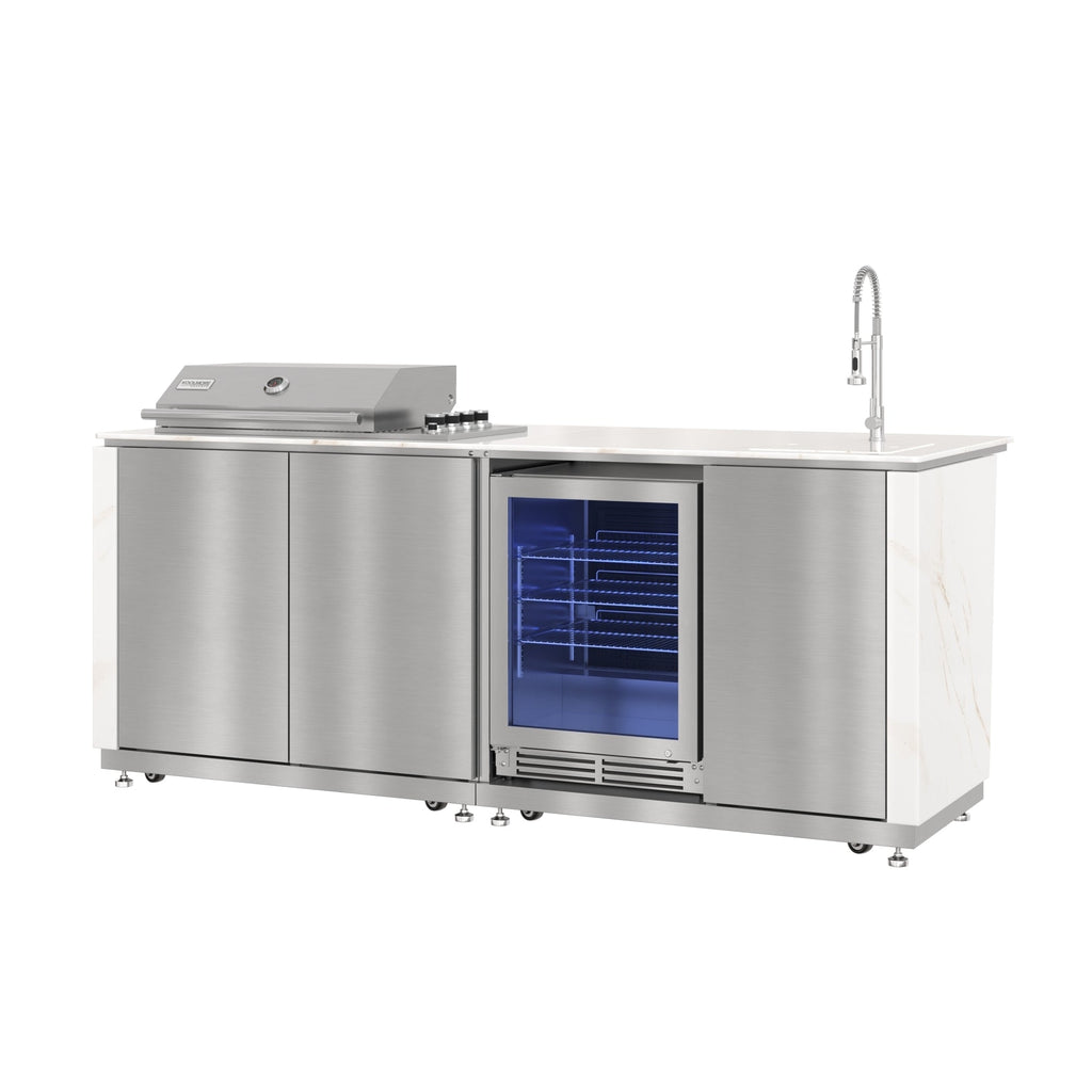 KoolMore Reserve 95 in. Outdoor Kitchen Island with 4-Burner NG and LP BBQ Grill, White Stone Counters and Sides, and Stainless-Steel Cabinets and Sink